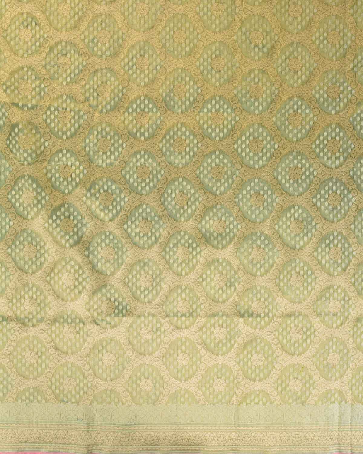 Metallic Green Gold Zari And White Cotton Alfi Jangla Cutwork Brocade Handwoven Kora Tissue Banarasi Saree-HolyWeaves