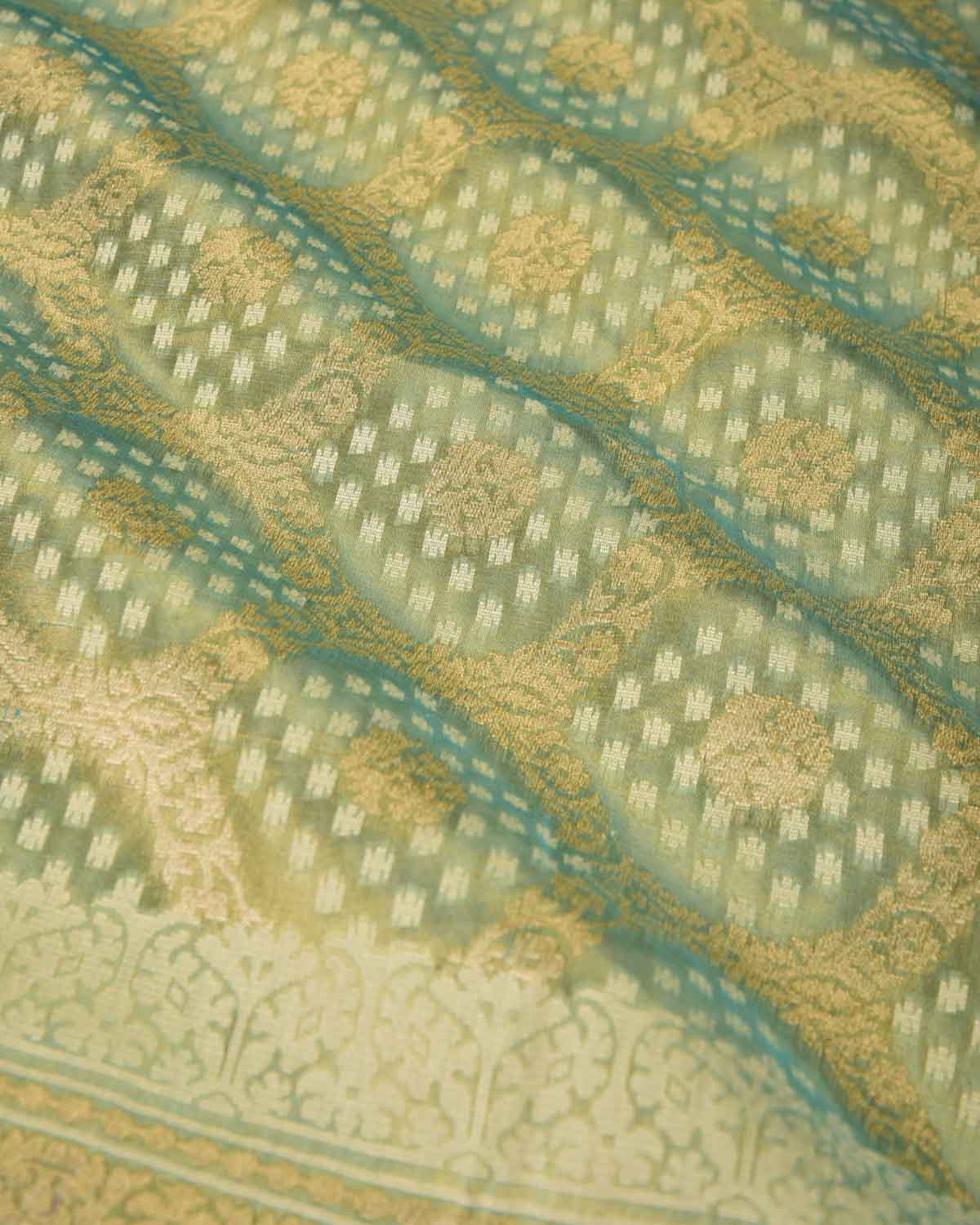 Metallic Green Gold Zari And White Cotton Alfi Jangla Cutwork Brocade Handwoven Kora Tissue Banarasi Saree-HolyWeaves