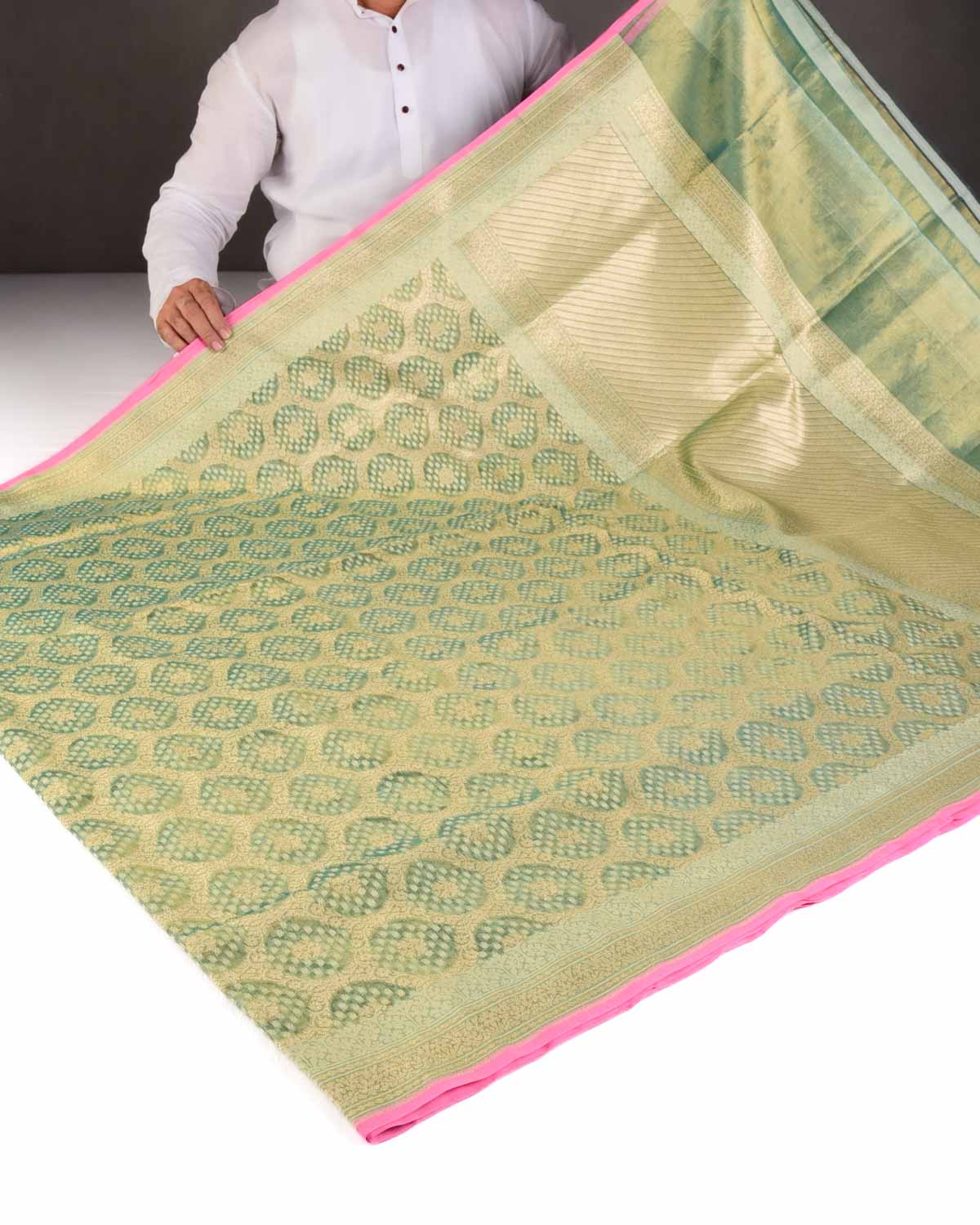 Metallic Green Gold Zari And White Cotton Alfi Jangla Cutwork Brocade Handwoven Kora Tissue Banarasi Saree-HolyWeaves