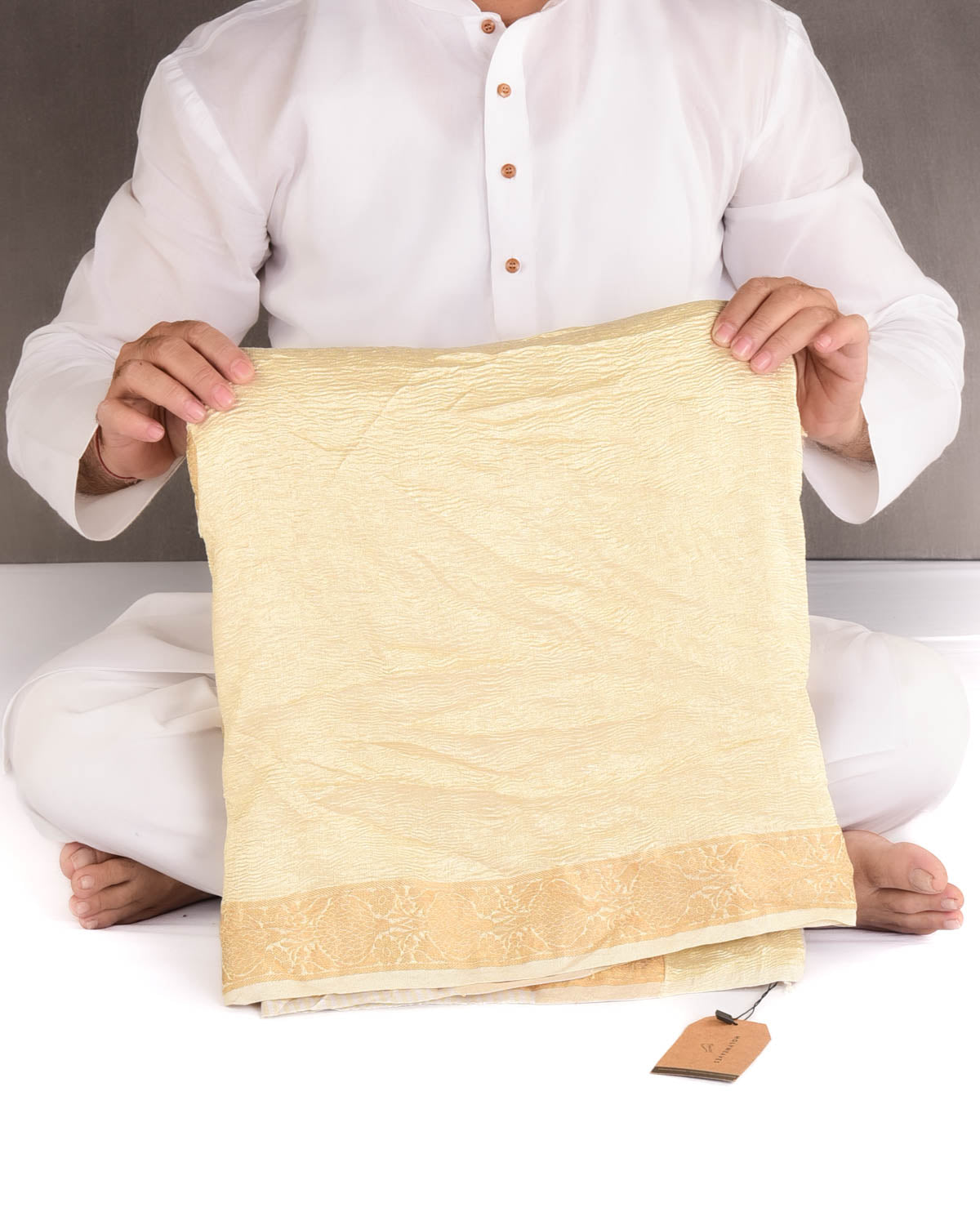 Crushed Gold Brocade Woven Tissue Banarasi Saree with Gold Brocade Border Pallu-HolyWeaves