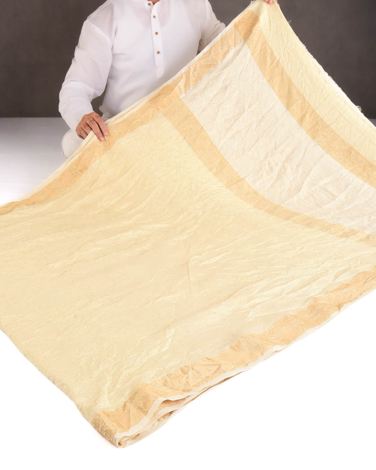 Crushed Gold Brocade Woven Tissue Banarasi Saree with Gold Brocade Border Pallu-HolyWeaves