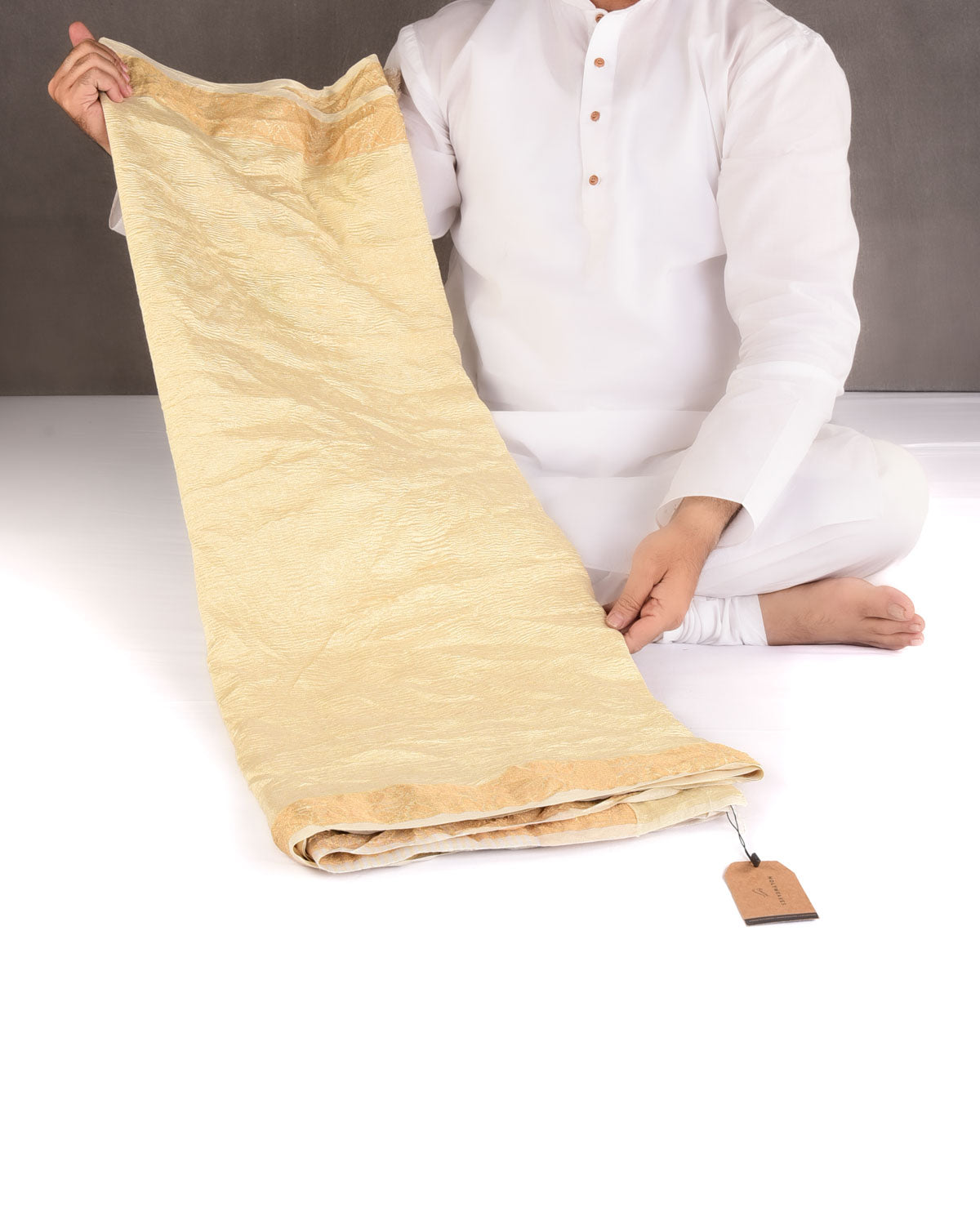 Crushed Gold Brocade Woven Tissue Banarasi Saree with Gold Brocade Border Pallu-HolyWeaves