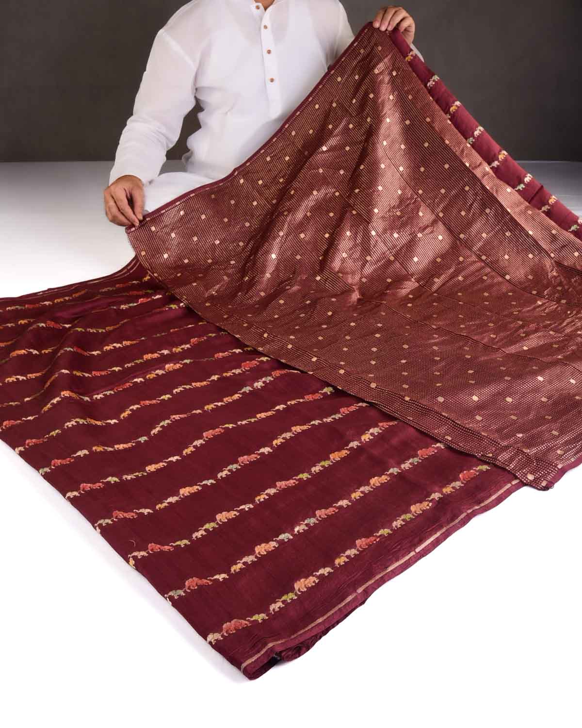 Burgundy Hand Brush Highlight Gold Zari Elephant Herd Cutwork Brocade Woven Spun Silk Banarasi Saree-HolyWeaves