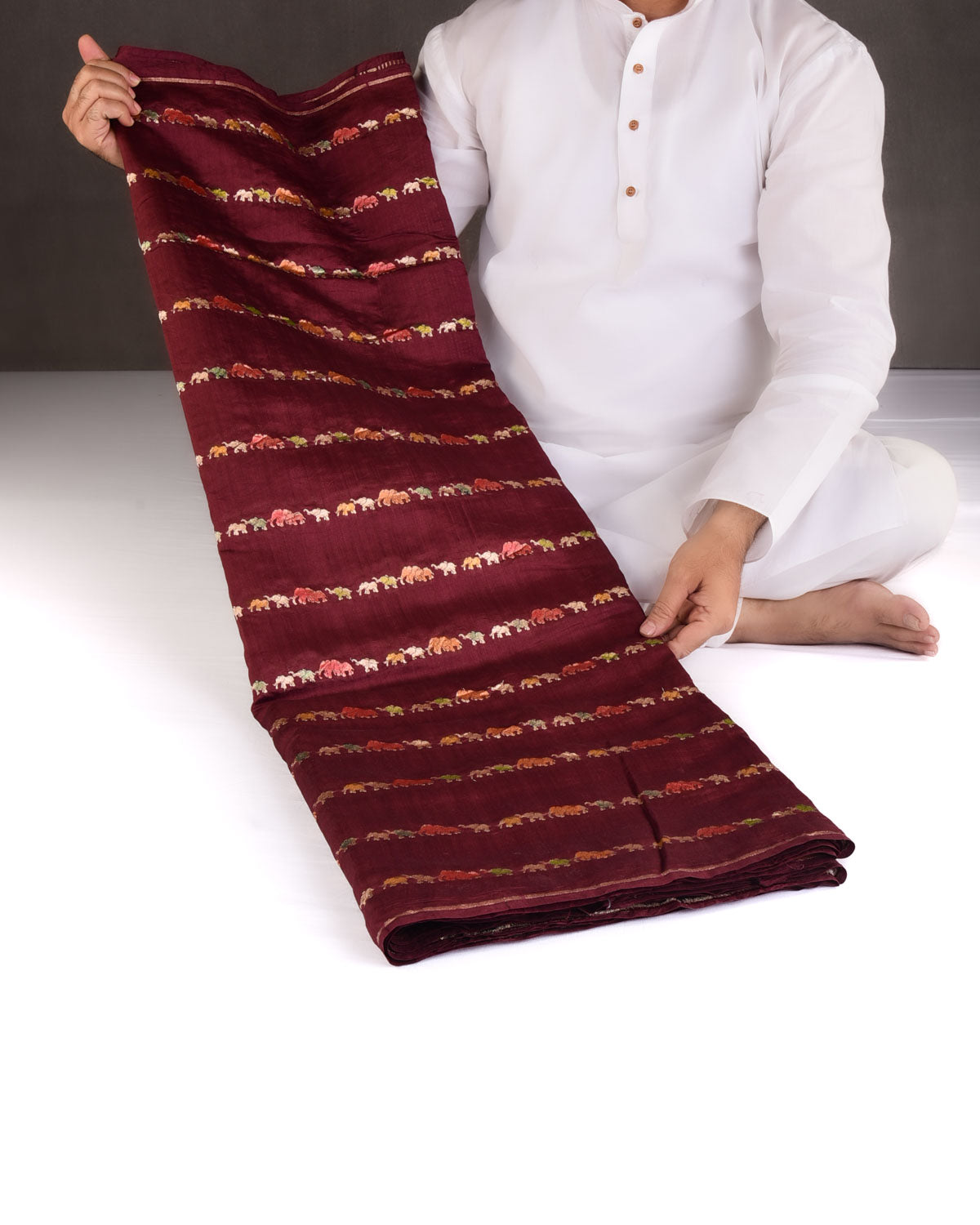 Burgundy Hand Brush Highlight Gold Zari Elephant Herd Cutwork Brocade Woven Spun Silk Banarasi Saree-HolyWeaves