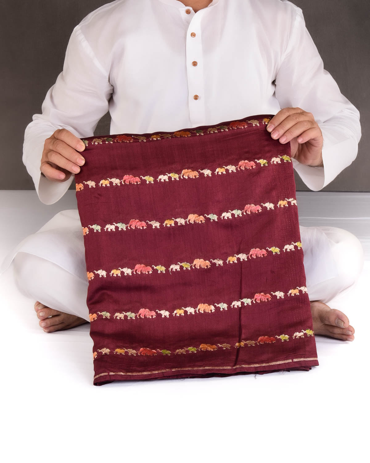 Burgundy Hand Brush Highlight Gold Zari Elephant Herd Cutwork Brocade Woven Spun Silk Banarasi Saree-HolyWeaves