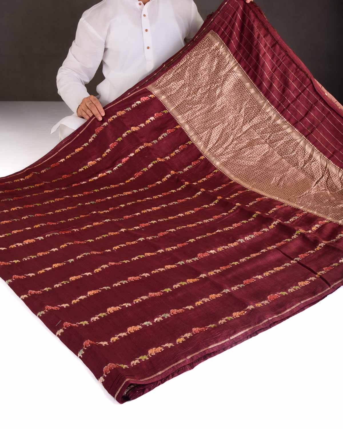 Burgundy Hand Brush Highlight Gold Zari Elephant Herd Cutwork Brocade Woven Spun Silk Banarasi Saree-HolyWeaves