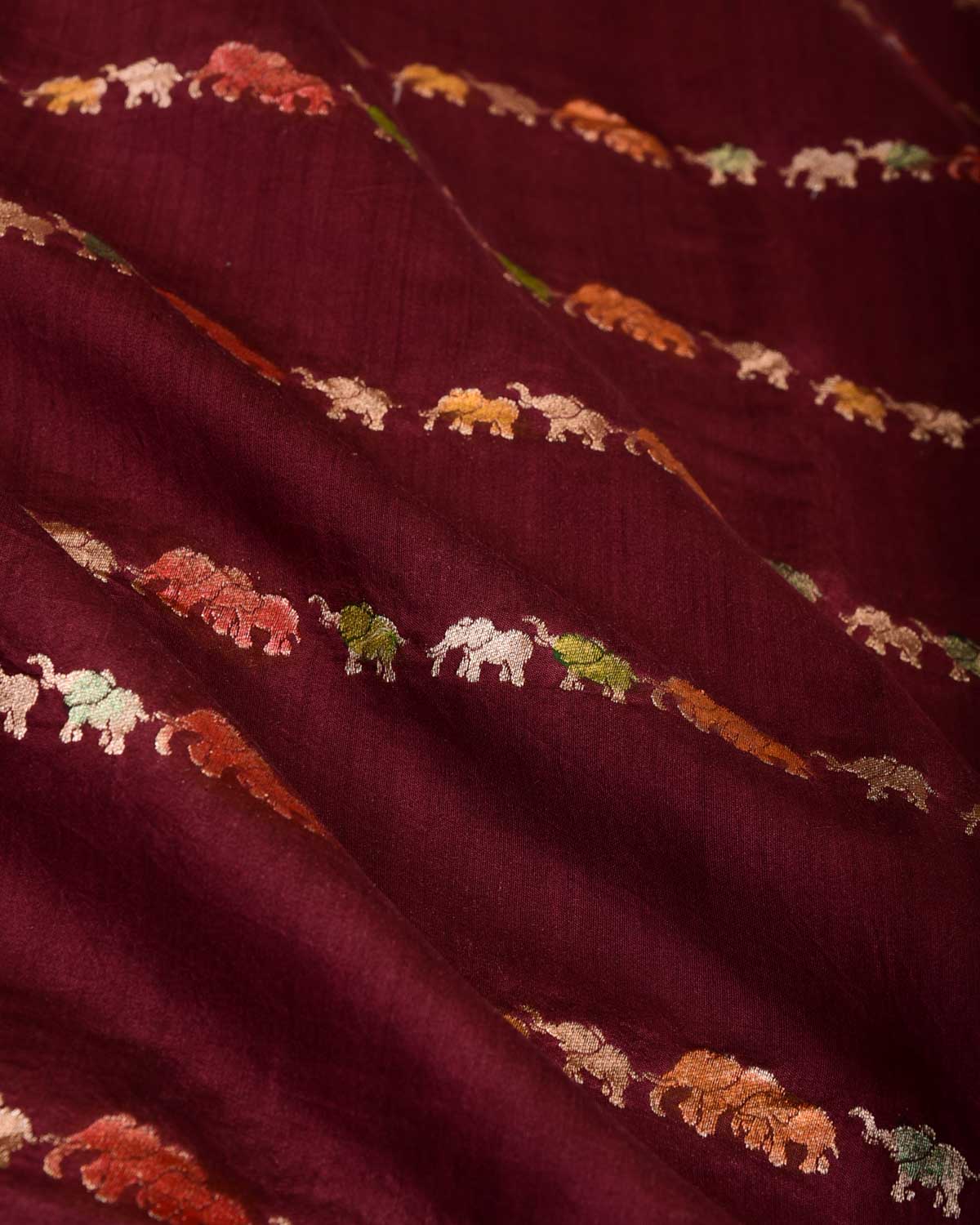 Burgundy Hand Brush Highlight Gold Zari Elephant Herd Cutwork Brocade Woven Spun Silk Banarasi Saree-HolyWeaves