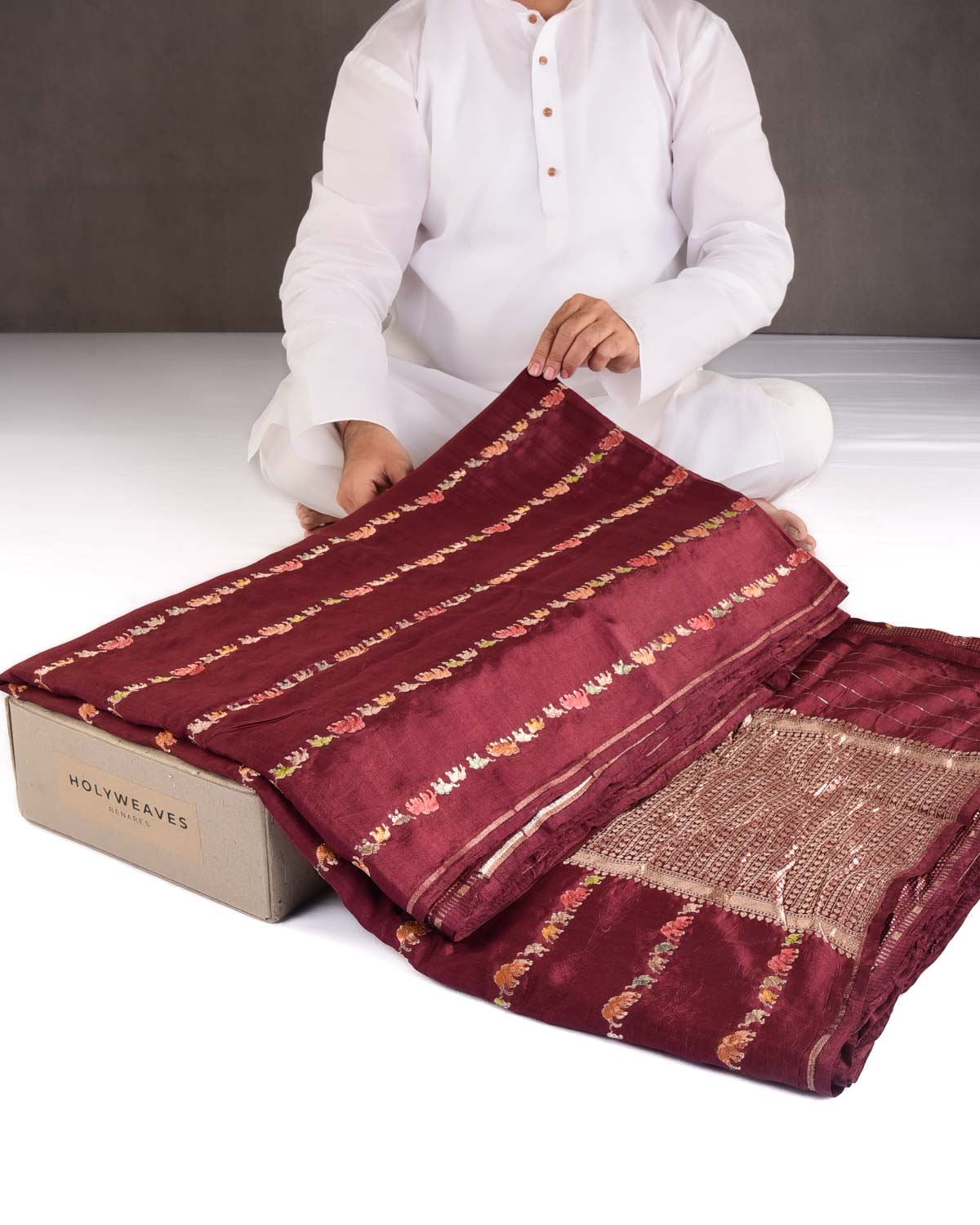 Burgundy Hand Brush Highlight Gold Zari Elephant Herd Cutwork Brocade Woven Spun Silk Banarasi Saree-HolyWeaves