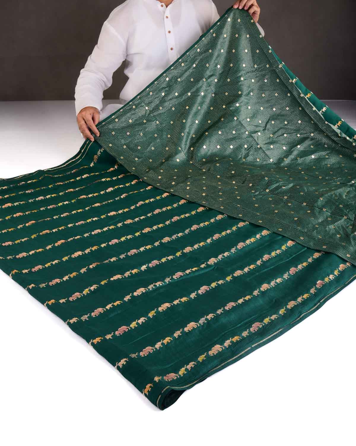 Sacramento Green Hand Brush Highlight Gold Zari Elephant Herd Cutwork Brocade Woven Spun Silk Banarasi Saree-HolyWeaves