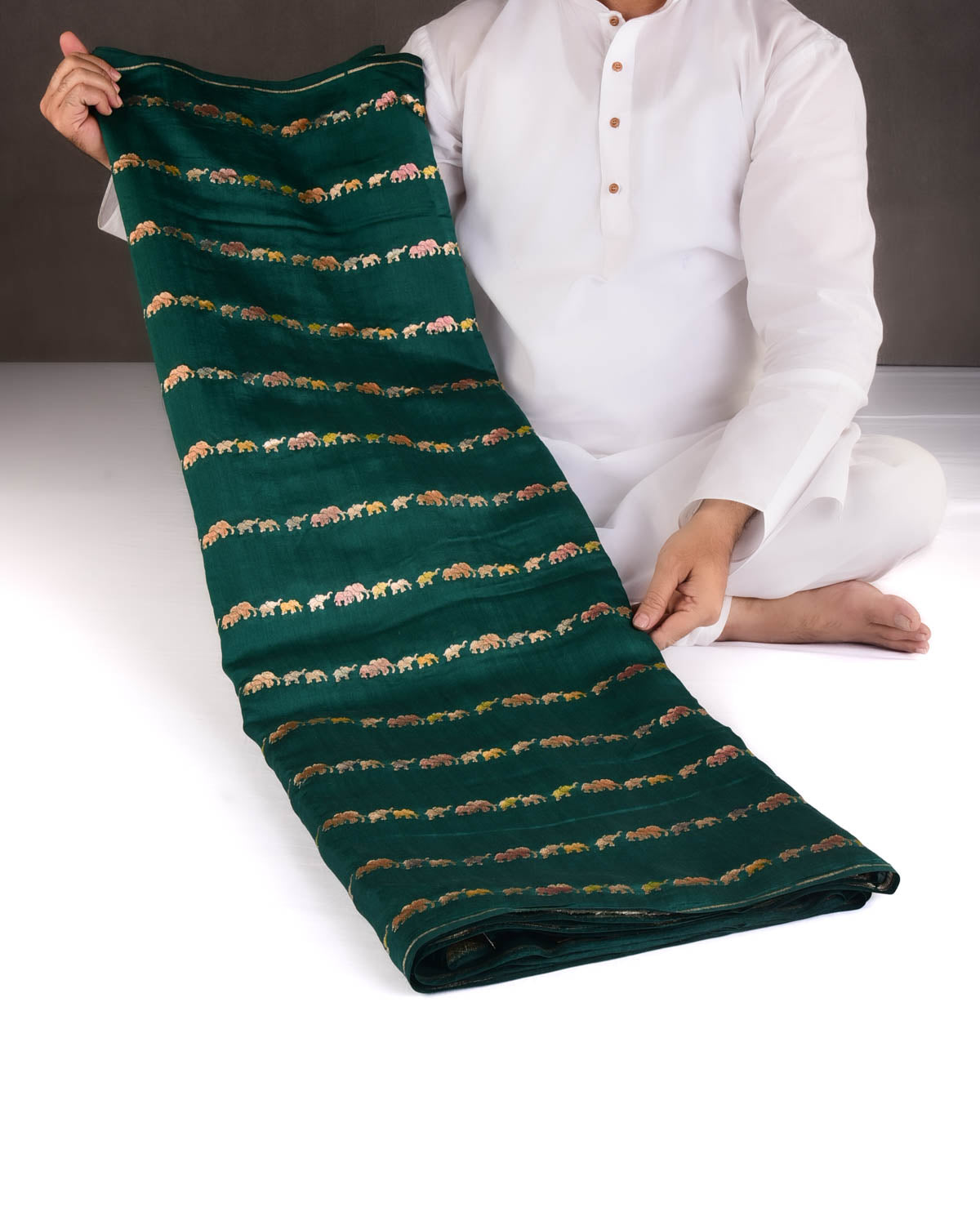 Sacramento Green Hand Brush Highlight Gold Zari Elephant Herd Cutwork Brocade Woven Spun Silk Banarasi Saree-HolyWeaves