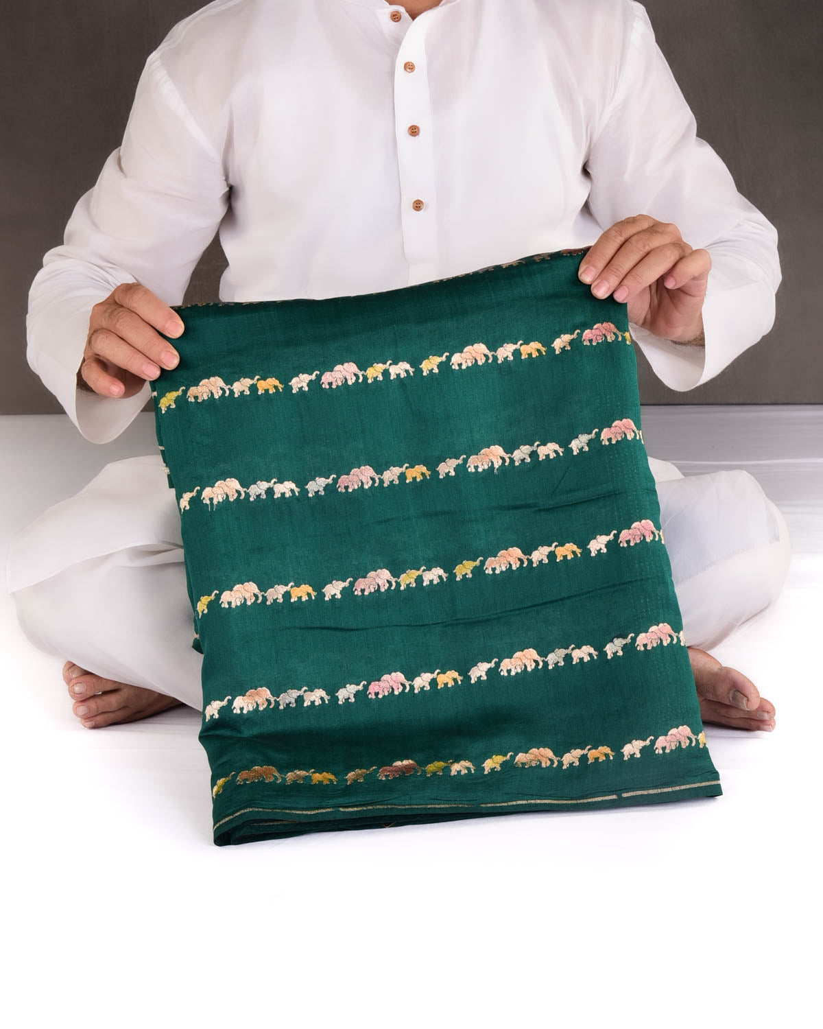 Sacramento Green Hand Brush Highlight Gold Zari Elephant Herd Cutwork Brocade Woven Spun Silk Banarasi Saree-HolyWeaves