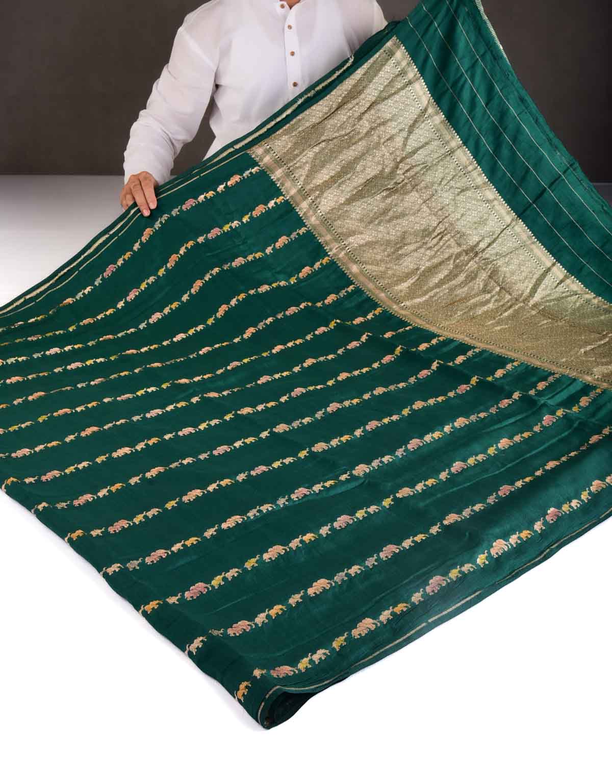 Sacramento Green Hand Brush Highlight Gold Zari Elephant Herd Cutwork Brocade Woven Spun Silk Banarasi Saree-HolyWeaves