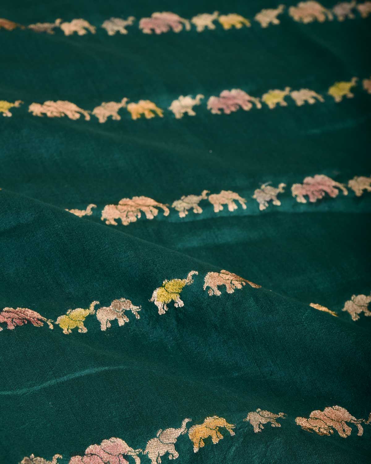 Sacramento Green Hand Brush Highlight Gold Zari Elephant Herd Cutwork Brocade Woven Spun Silk Banarasi Saree-HolyWeaves