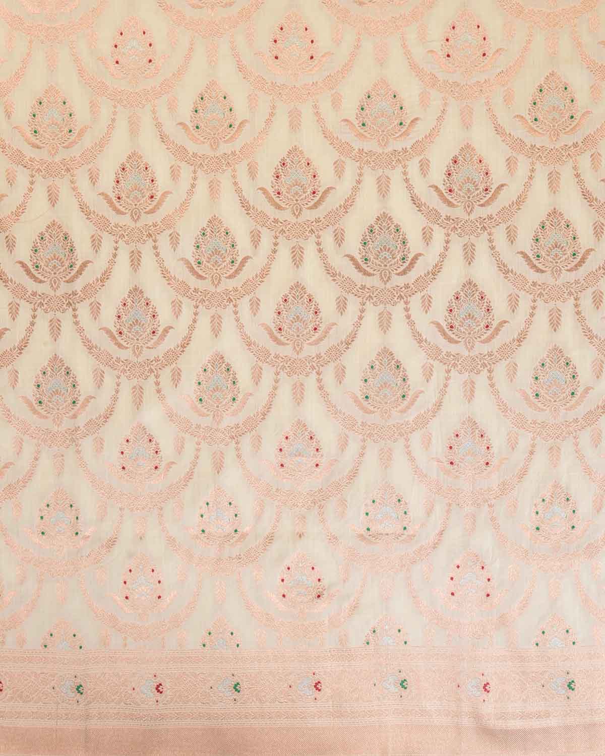 Ivory White Gold & Silver Zari & Meenekari Classic Jangla Cutwork Brocade Woven Spun Silk Banarasi Saree-HolyWeaves