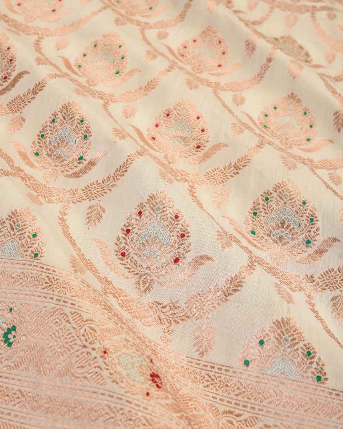 Ivory White Gold & Silver Zari & Meenekari Classic Jangla Cutwork Brocade Woven Spun Silk Banarasi Saree-HolyWeaves