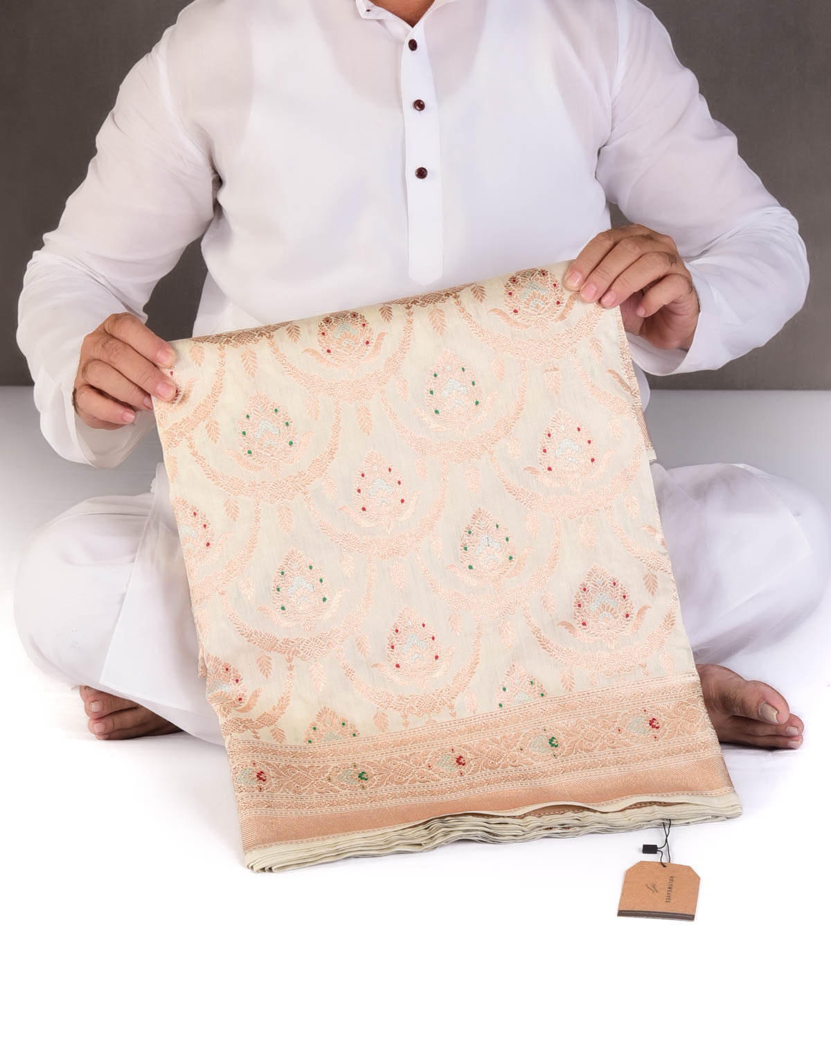 Ivory White Gold & Silver Zari & Meenekari Classic Jangla Cutwork Brocade Woven Spun Silk Banarasi Saree-HolyWeaves