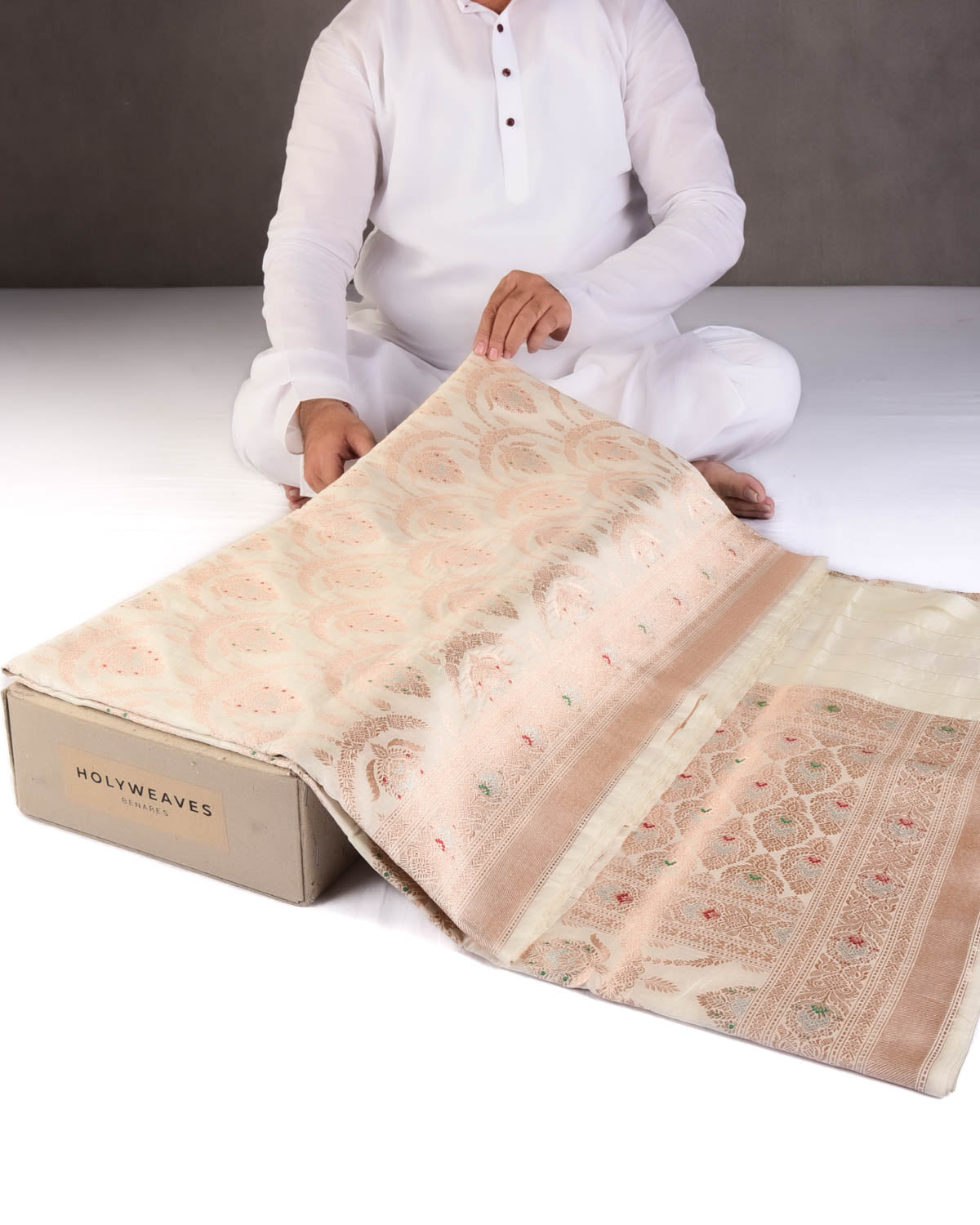 Ivory White Gold & Silver Zari & Meenekari Classic Jangla Cutwork Brocade Woven Spun Silk Banarasi Saree-HolyWeaves