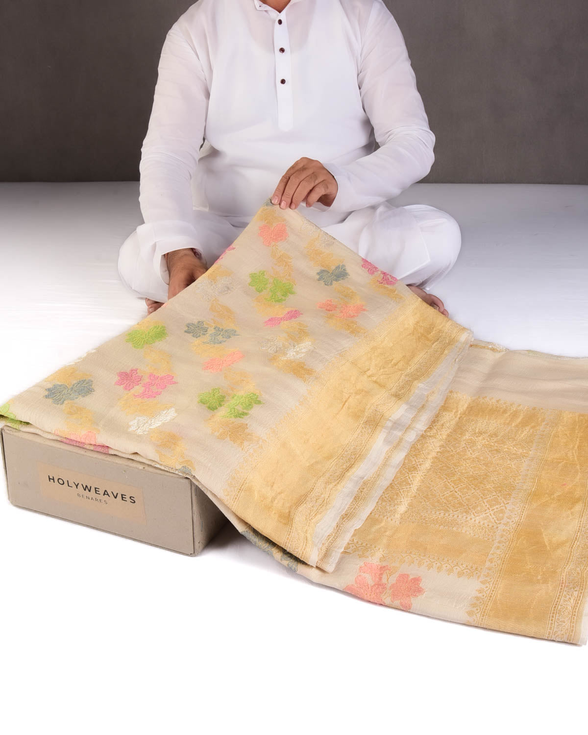 Textured Beige Gold Zari & Resham Floral Jaal Kadhuan Brocade Handwoven Tasar Georgette Banarasi Saree-HolyWeaves
