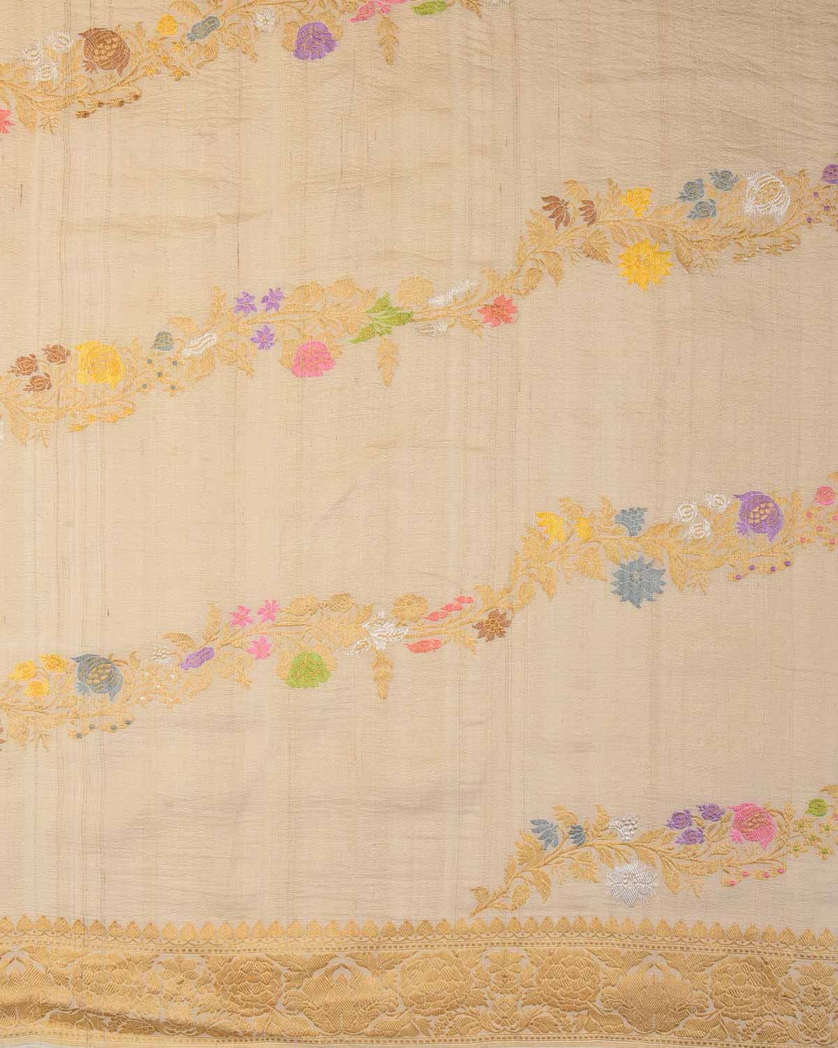 Textured Beige Gold Zari & Resham Floral Leheriya Bel Kadhuan Brocade Handwoven Tasar Georgette Banarasi Saree-HolyWeaves