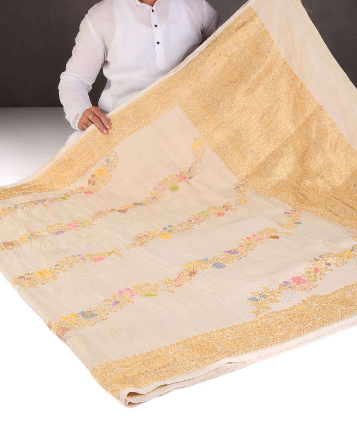 Textured Beige Gold Zari & Resham Floral Leheriya Bel Kadhuan Brocade Handwoven Tasar Georgette Banarasi Saree-HolyWeaves
