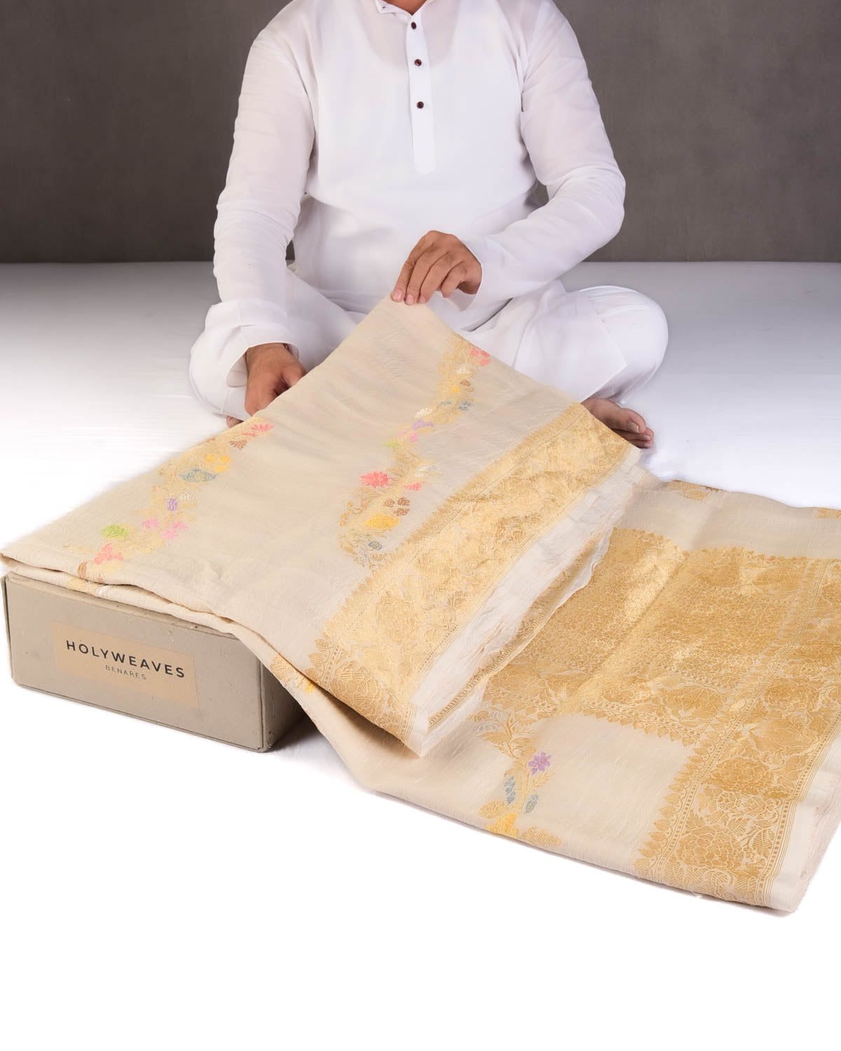 Textured Beige Gold Zari & Resham Floral Leheriya Bel Kadhuan Brocade Handwoven Tasar Georgette Banarasi Saree-HolyWeaves