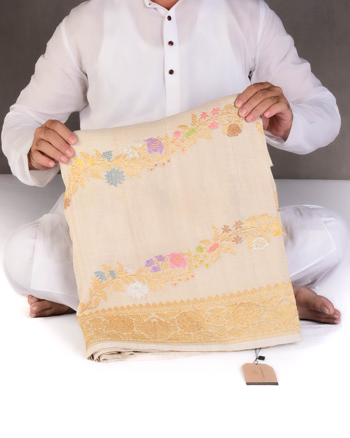 Textured Beige Gold Zari & Resham Floral Leheriya Bel Kadhuan Brocade Handwoven Tasar Georgette Banarasi Saree-HolyWeaves