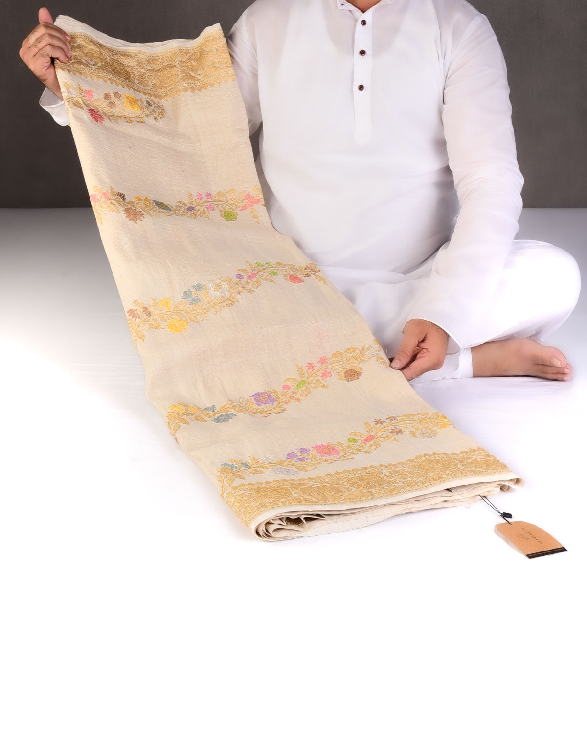 Textured Beige Gold Zari & Resham Floral Leheriya Bel Kadhuan Brocade Handwoven Tasar Georgette Banarasi Saree-HolyWeaves