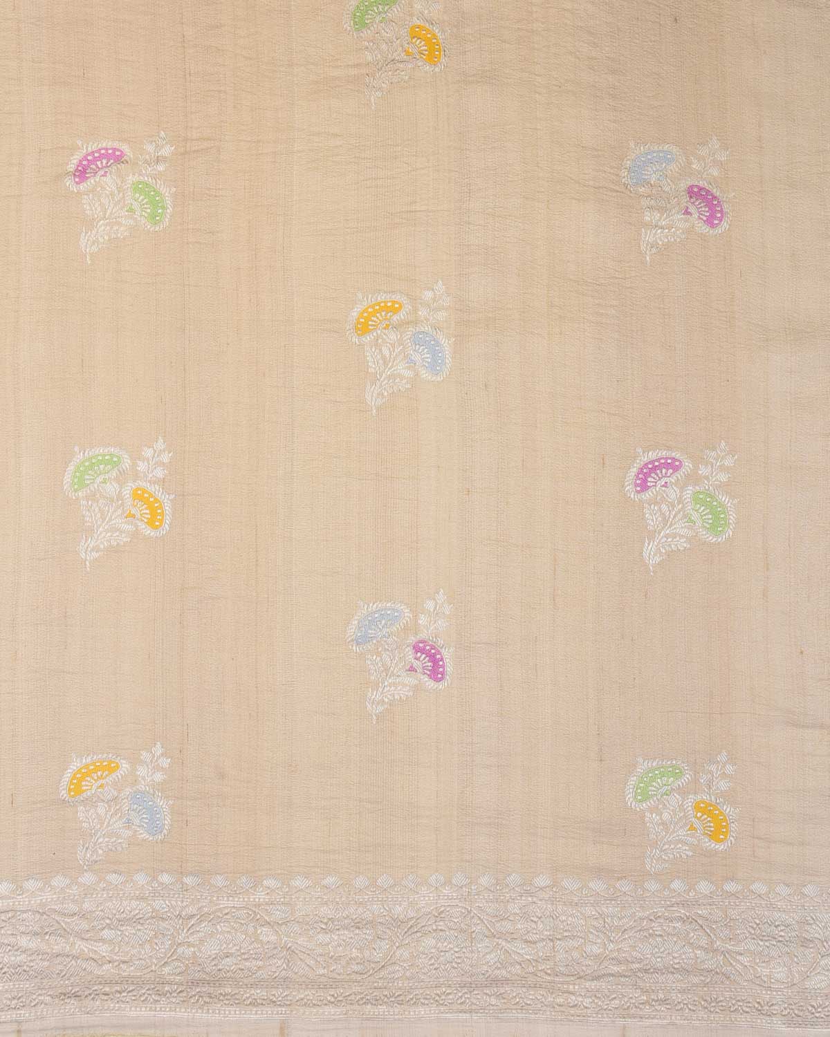 Textured Beige Silver Zari & Meenekari Flower Buta Kadhuan Brocade Handwoven Tasar Georgette Banarasi Saree-HolyWeaves
