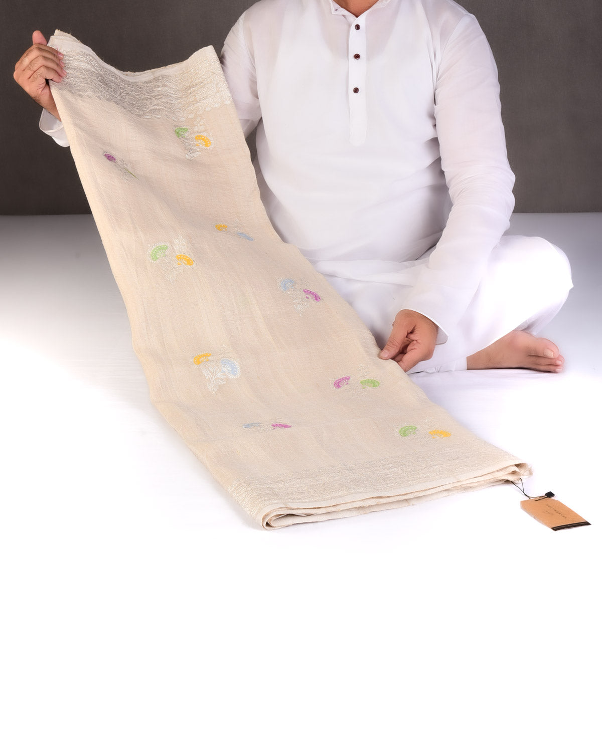 Textured Beige Silver Zari & Meenekari Flower Buta Kadhuan Brocade Handwoven Tasar Georgette Banarasi Saree-HolyWeaves