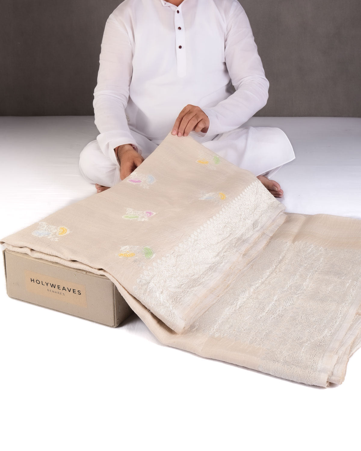 Textured Beige Silver Zari & Meenekari Flower Buta Kadhuan Brocade Handwoven Tasar Georgette Banarasi Saree-HolyWeaves