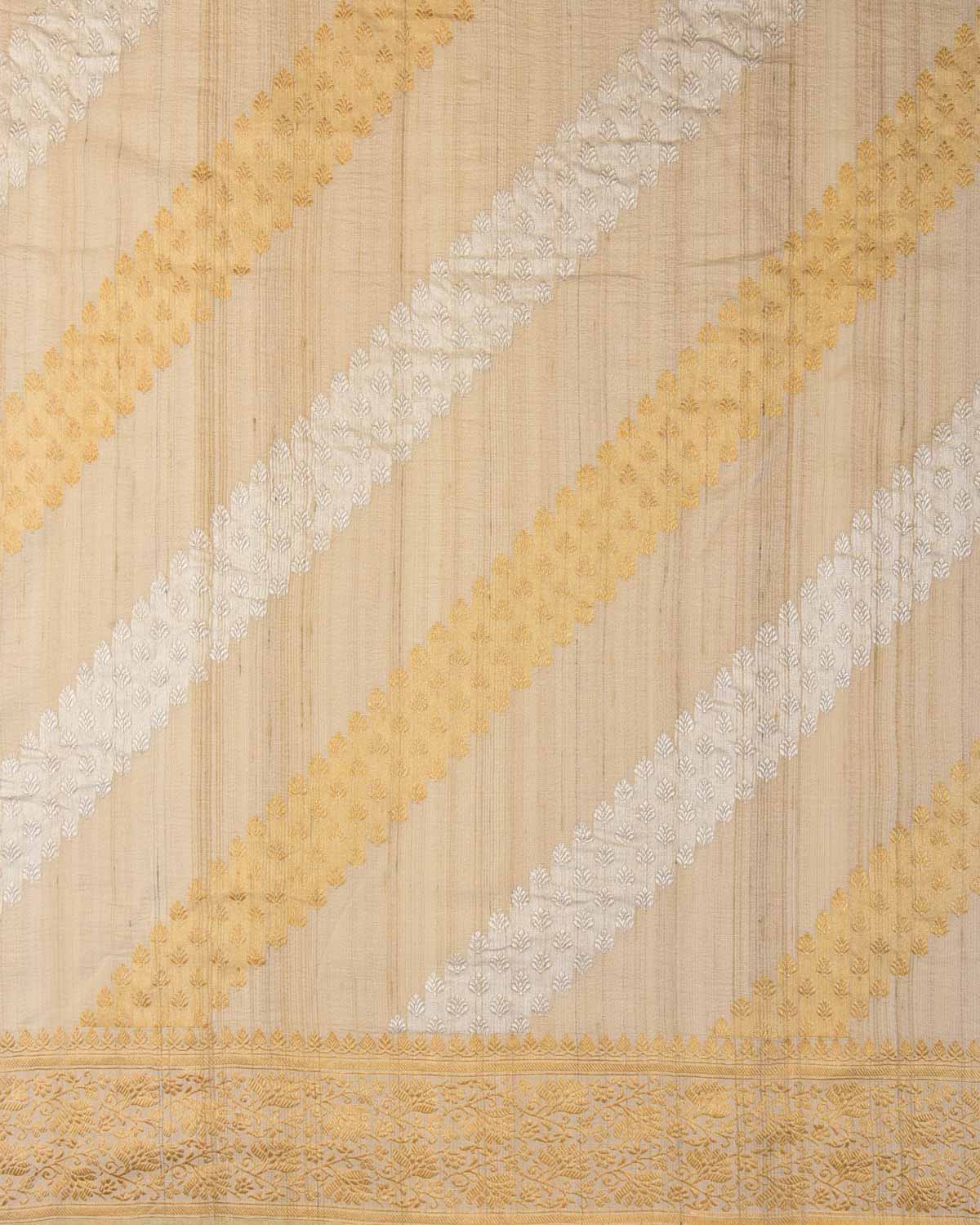 Textured Beige Gold & Silver Zari Inlaid Diagonal Stripes Kadhuan Brocade Handwoven Tasar Georgette Banarasi Saree-HolyWeaves