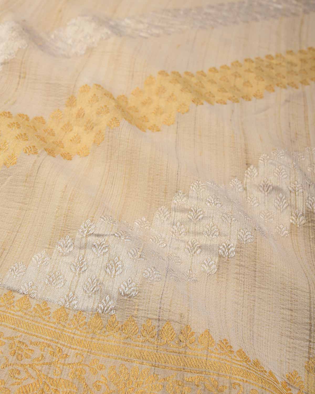 Textured Beige Gold & Silver Zari Inlaid Diagonal Stripes Kadhuan Brocade Handwoven Tasar Georgette Banarasi Saree-HolyWeaves