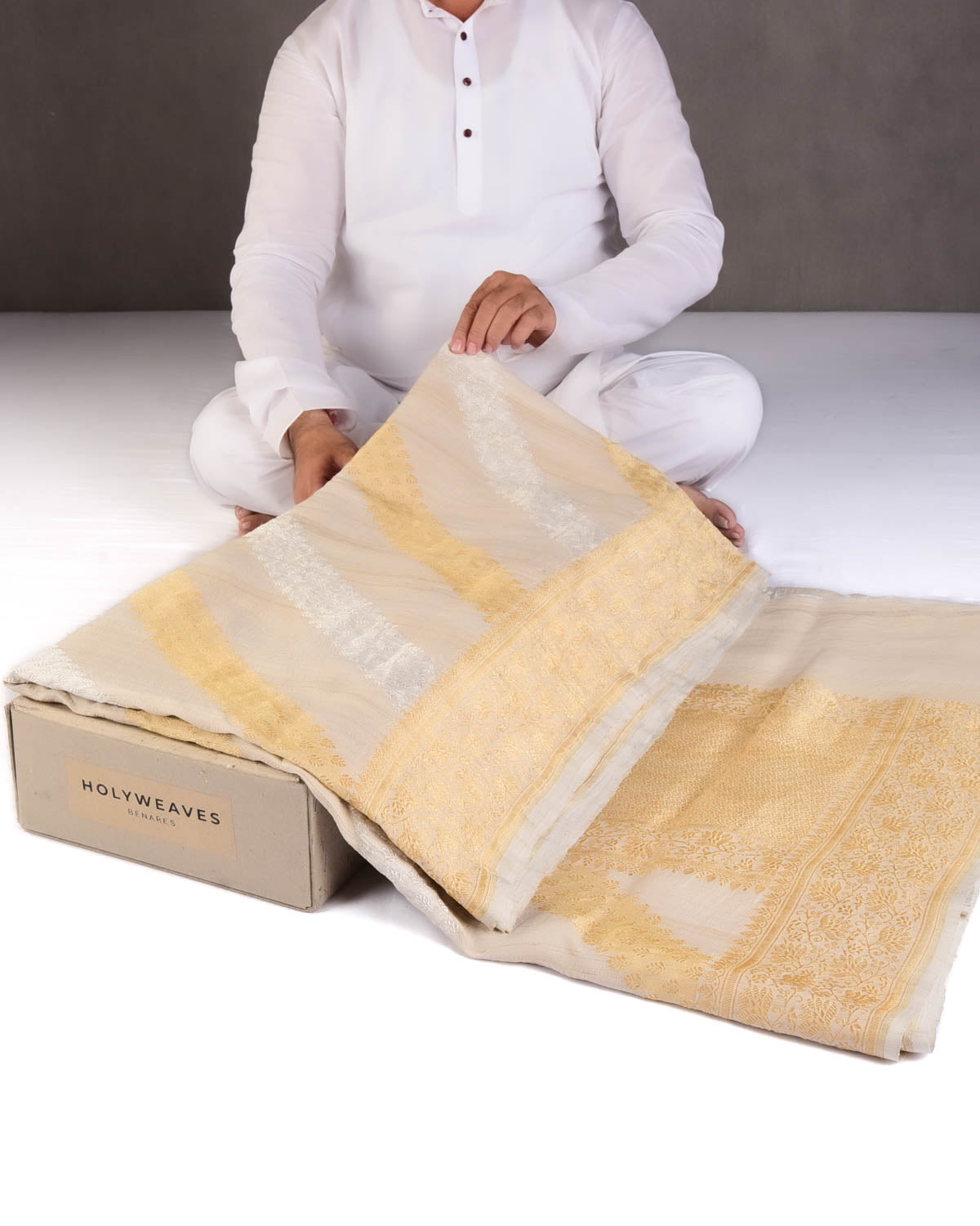 Textured Beige Gold & Silver Zari Inlaid Diagonal Stripes Kadhuan Brocade Handwoven Tasar Georgette Banarasi Saree-HolyWeaves