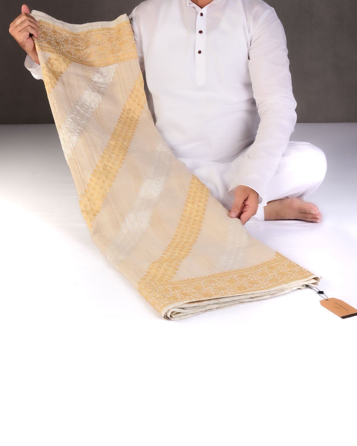 Textured Beige Gold & Silver Zari Inlaid Diagonal Stripes Kadhuan Brocade Handwoven Tasar Georgette Banarasi Saree-HolyWeaves
