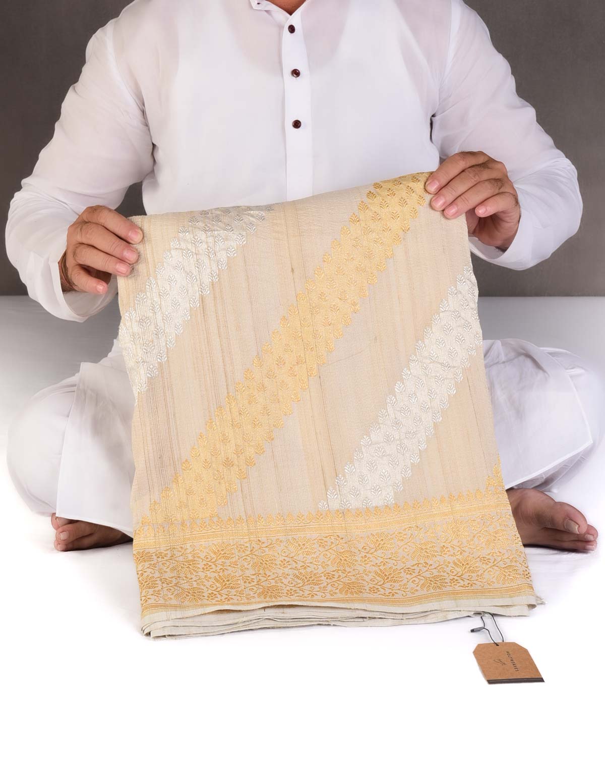 Textured Beige Gold & Silver Zari Inlaid Diagonal Stripes Kadhuan Brocade Handwoven Tasar Georgette Banarasi Saree-HolyWeaves