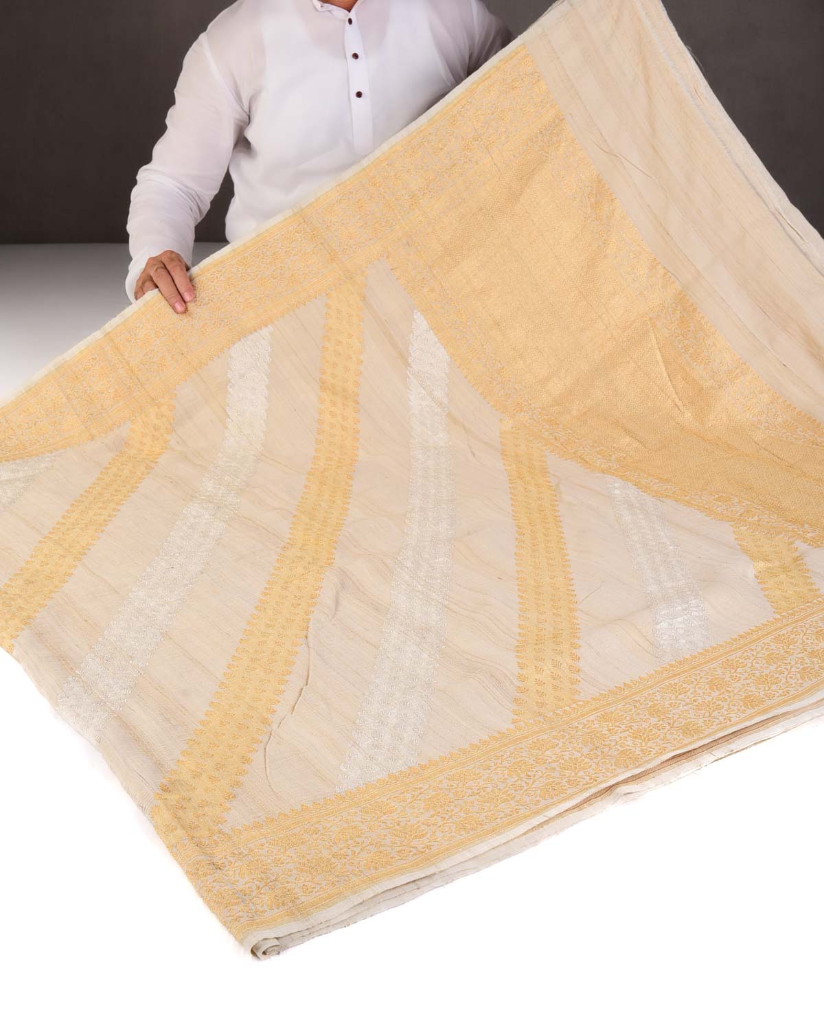 Textured Beige Gold & Silver Zari Inlaid Diagonal Stripes Kadhuan Brocade Handwoven Tasar Georgette Banarasi Saree-HolyWeaves