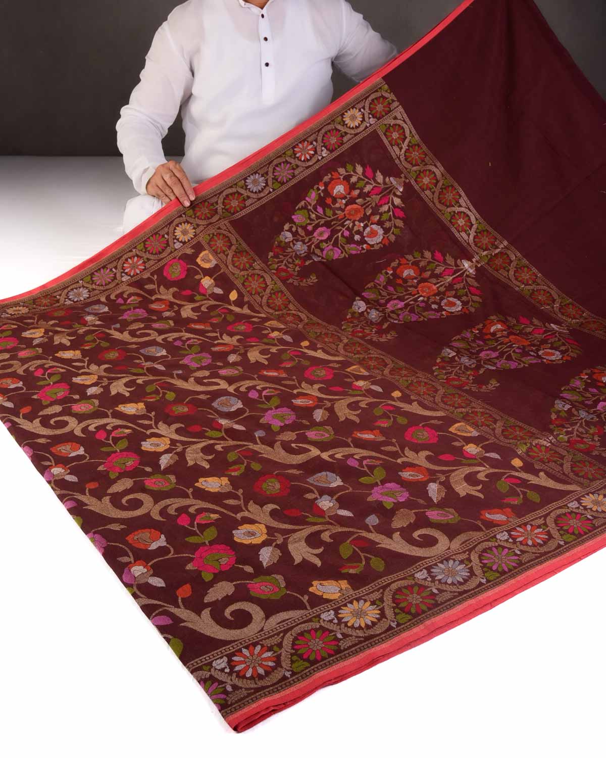 Brown Gold & Silver Zari & Resham Gulab Jaal Cutwork Brocade Handwoven Cotton Banarasi Saree-HolyWeaves