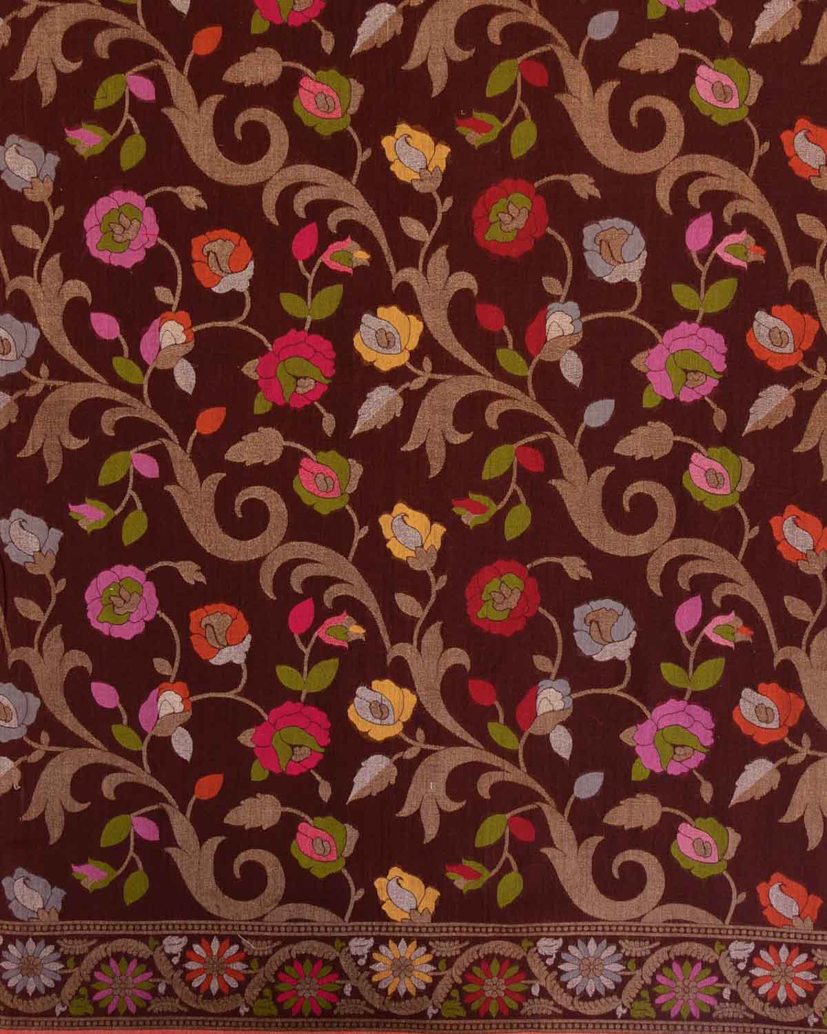 Brown Gold & Silver Zari & Resham Gulab Jaal Cutwork Brocade Handwoven Cotton Banarasi Saree-HolyWeaves