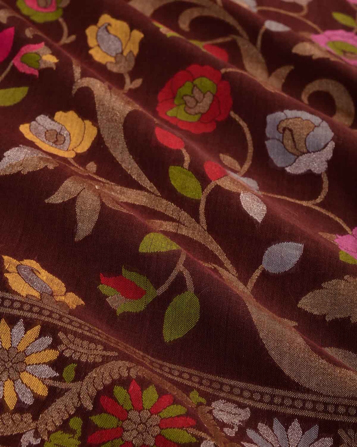 Brown Gold & Silver Zari & Resham Gulab Jaal Cutwork Brocade Handwoven Cotton Banarasi Saree-HolyWeaves