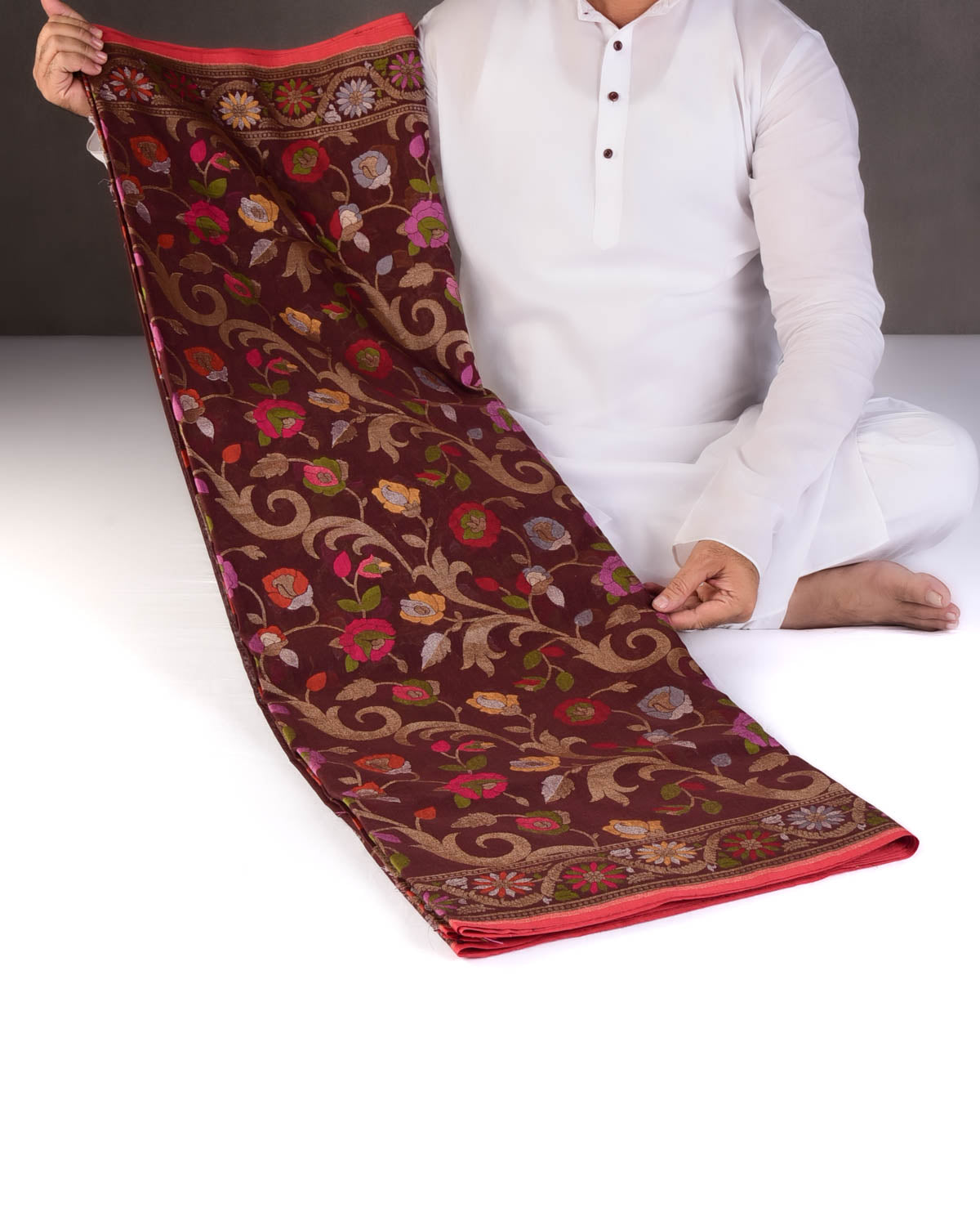 Brown Gold & Silver Zari & Resham Gulab Jaal Cutwork Brocade Handwoven Cotton Banarasi Saree-HolyWeaves