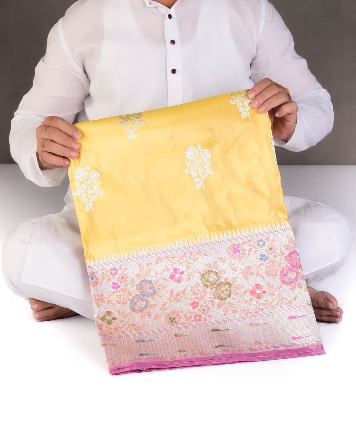 Metallic Yellow Silver Zari Buta Kadhuan Brocade Handwoven Katan Tissue Banarasi Saree with Meenekari Border-HolyWeaves