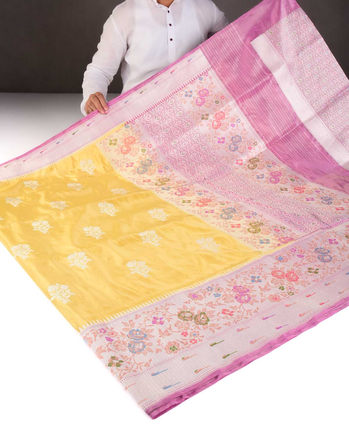 Metallic Yellow Silver Zari Buta Kadhuan Brocade Handwoven Katan Tissue Banarasi Saree with Meenekari Border-HolyWeaves