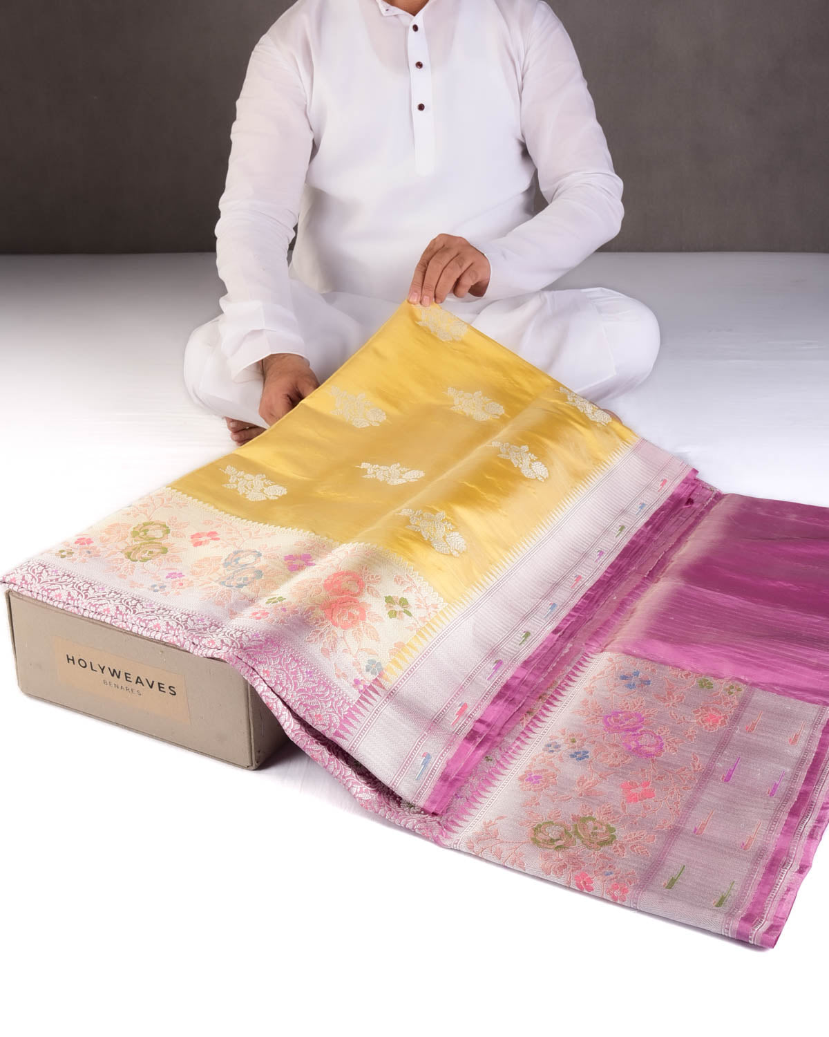 Metallic Yellow Silver Zari Buta Kadhuan Brocade Handwoven Katan Tissue Banarasi Saree with Meenekari Border-HolyWeaves