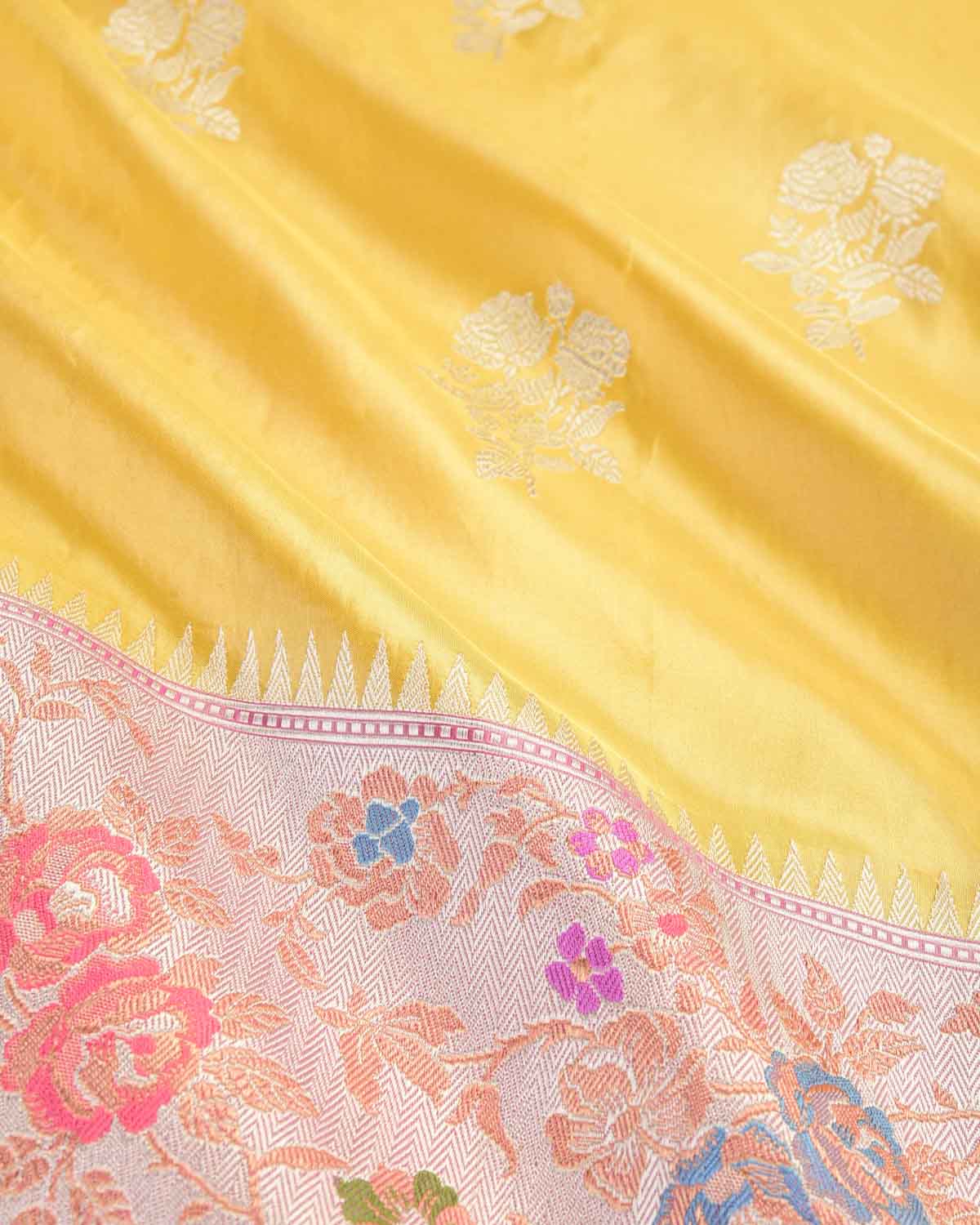 Metallic Yellow Silver Zari Buta Kadhuan Brocade Handwoven Katan Tissue Banarasi Saree with Meenekari Border-HolyWeaves
