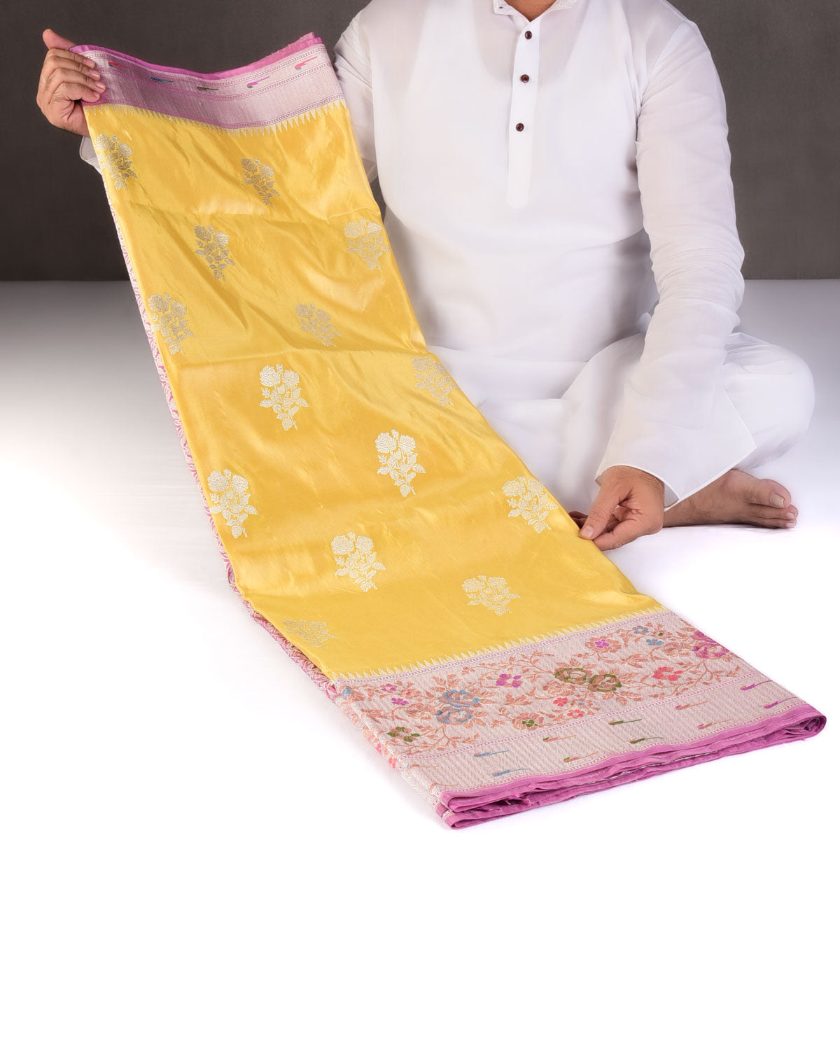 Metallic Yellow Silver Zari Buta Kadhuan Brocade Handwoven Katan Tissue Banarasi Saree with Meenekari Border-HolyWeaves