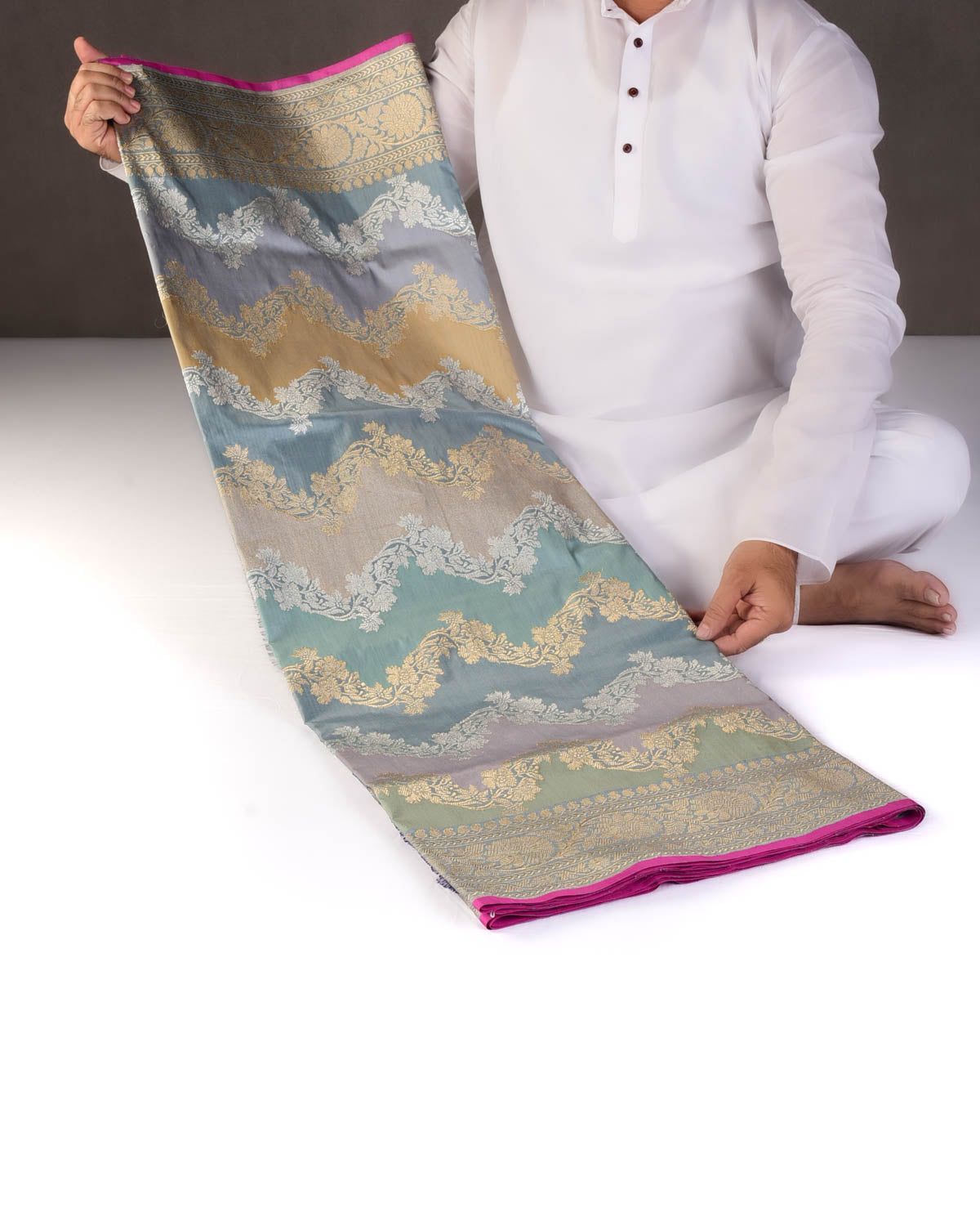 Gray Metalic Gold & Silver Zari Chevron Waves Rangkaat Kadhuan Brocade Handwoven Katan Silk Banarasi Saree-HolyWeaves