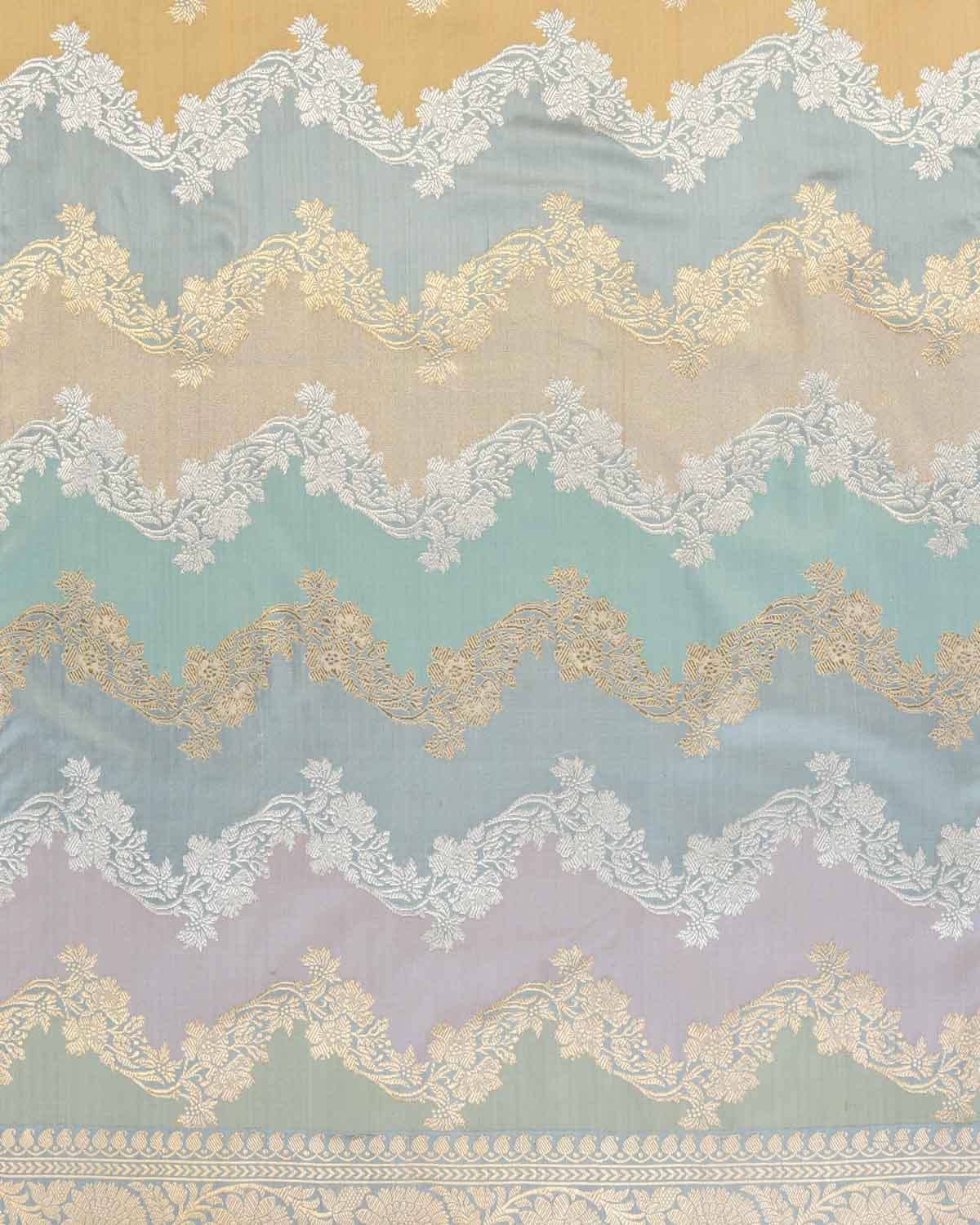 Gray Metalic Gold & Silver Zari Chevron Waves Rangkaat Kadhuan Brocade Handwoven Katan Silk Banarasi Saree-HolyWeaves