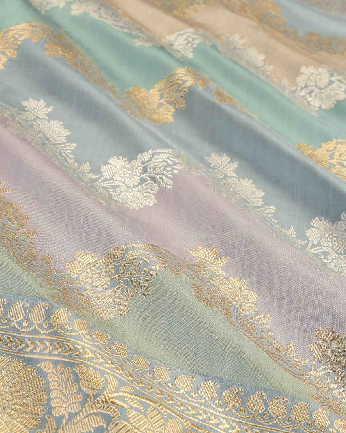 Gray Metalic Gold & Silver Zari Chevron Waves Rangkaat Kadhuan Brocade Handwoven Katan Silk Banarasi Saree-HolyWeaves