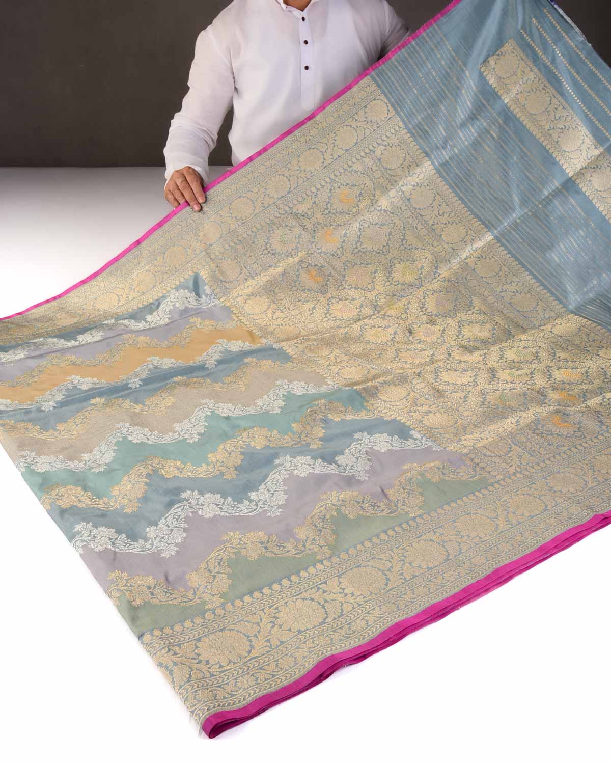 Gray Metalic Gold & Silver Zari Chevron Waves Rangkaat Kadhuan Brocade Handwoven Katan Silk Banarasi Saree-HolyWeaves