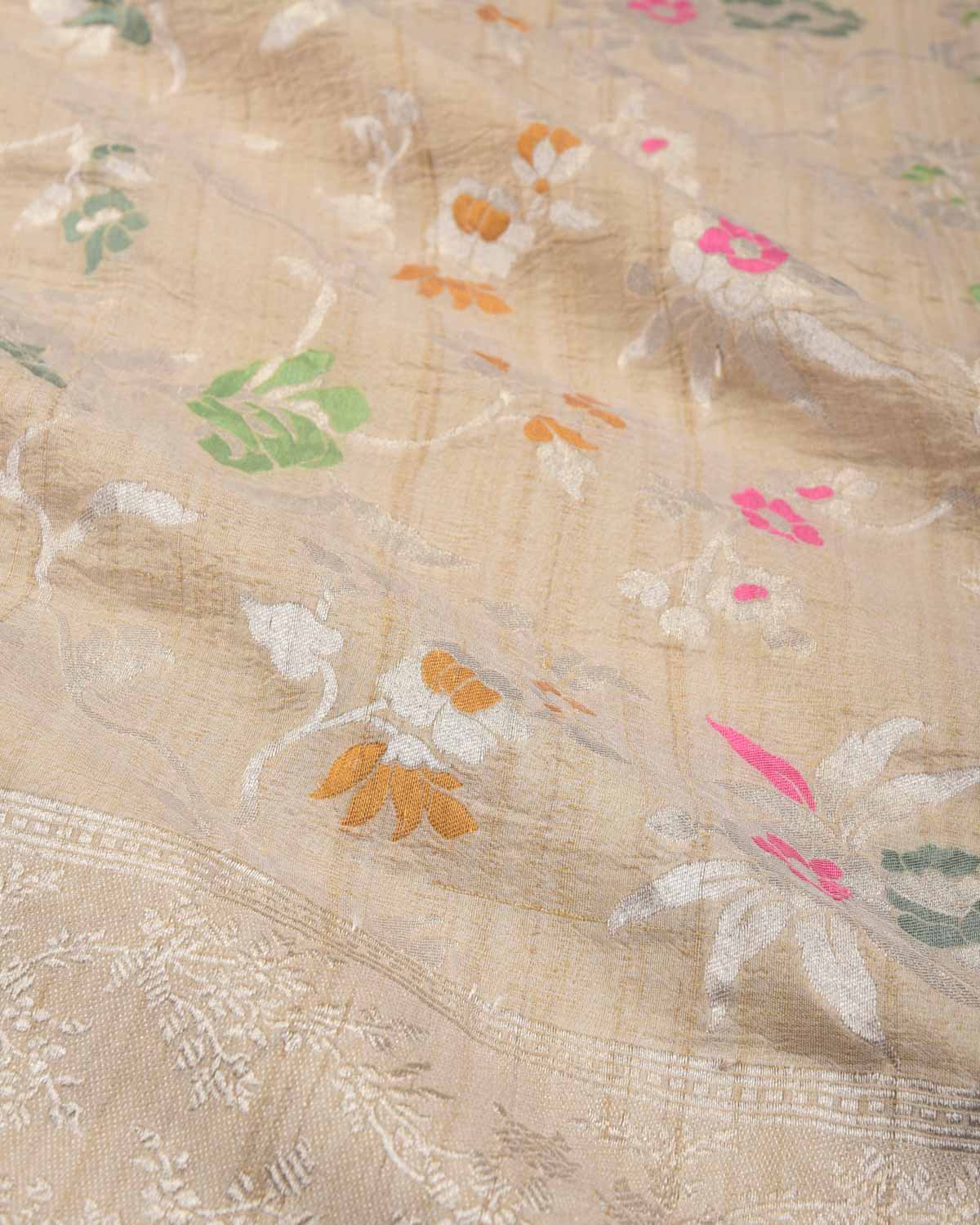 Beige Silver Zari & Meenekari Floral Jaal Cutwork Brocade Handwoven Tasar Georgette Banarasi Saree-HolyWeaves